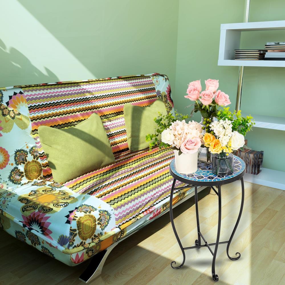 Indoor Outdoor Side Table with Mosaics Top Metal Frame Base , Circle End Table