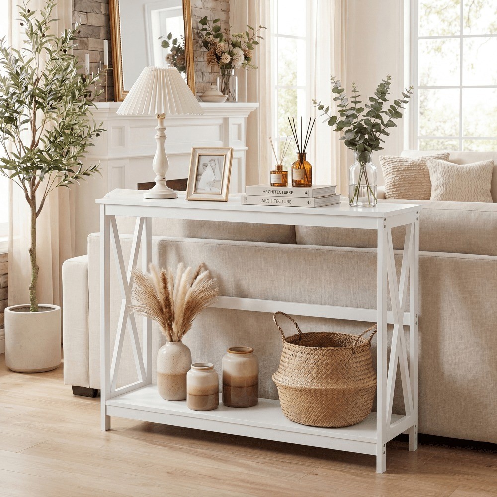 40 Inch 2 Tier Console Table With Metal X Frame Wood Entryway Table 200 Lbs Capa