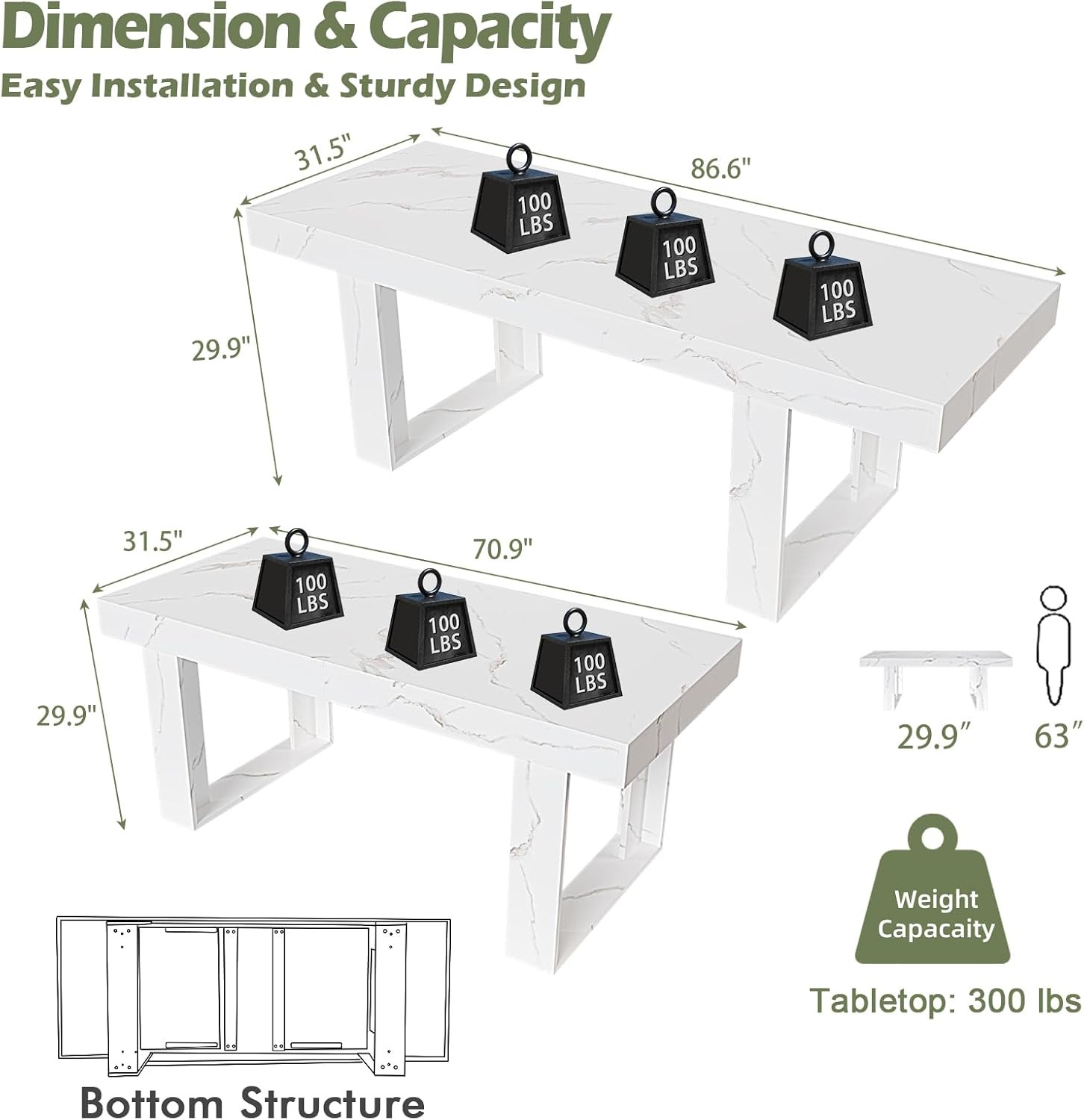 STHOUYN White Marble Extendable Dining Room Table for 8 10, 70.9″ (86.6″) X 31.5