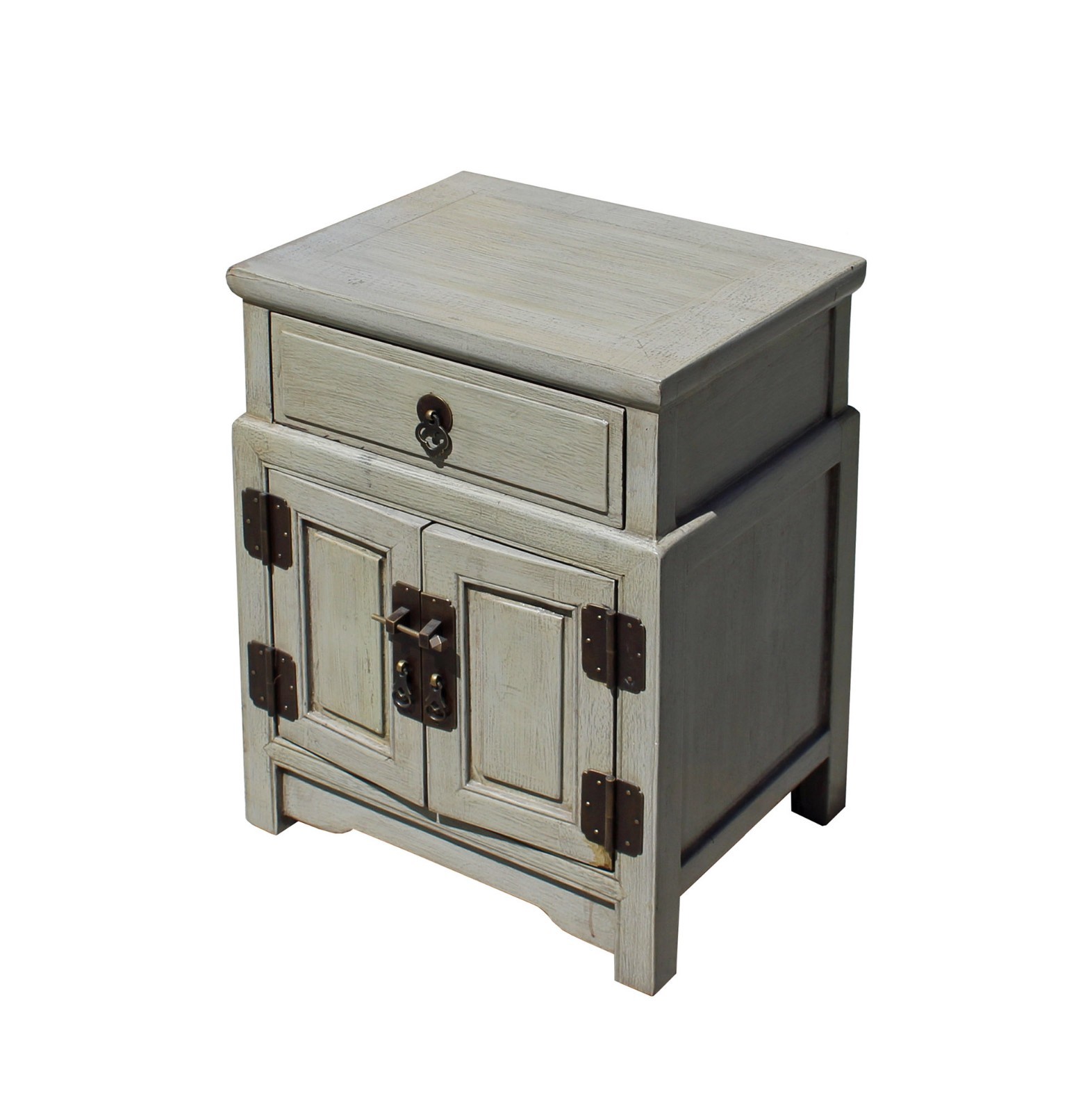 Chinese Distressed Light Gray Metal Hardware End Table Nightstand cs3917