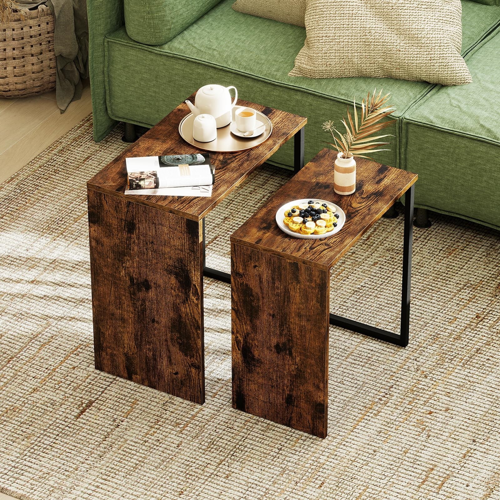Nesting Coffee Table Set of 2 – Rectangular Stackable Side Tables, Modern Design