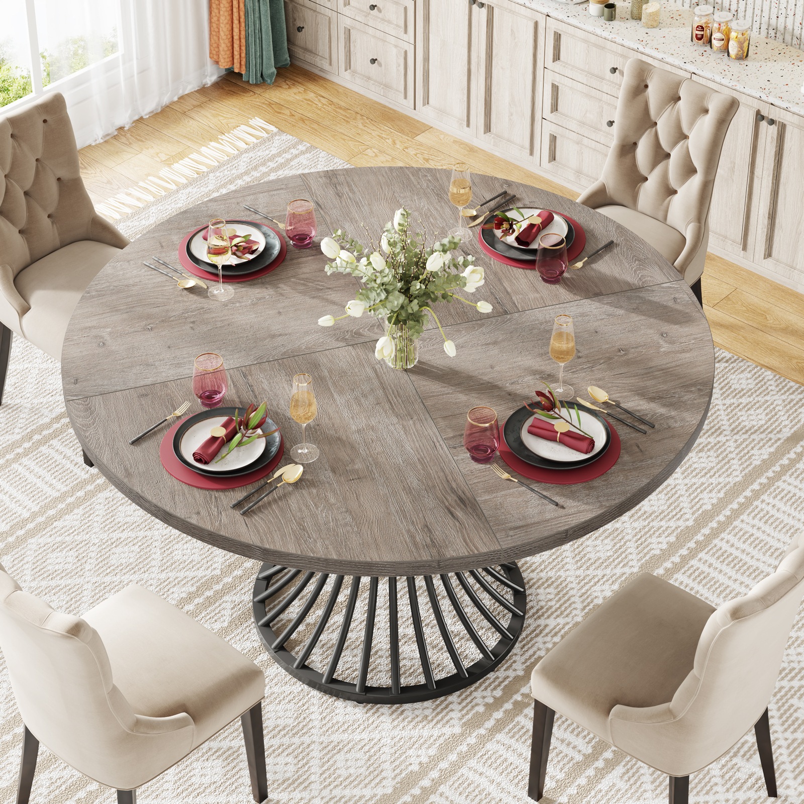 Tribesigns 47″ Farmhouse Round Dining Table, Dinner Kitchen Table for 4-6 People