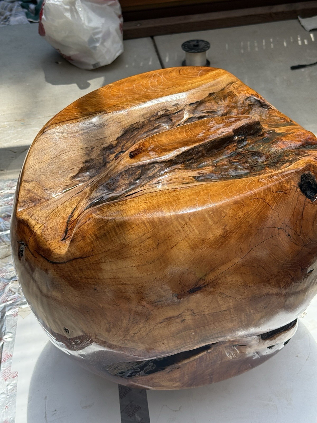 Teak Burl Epoxy Glass Top Side Table Handmade Floating Base Modern 22.5”H