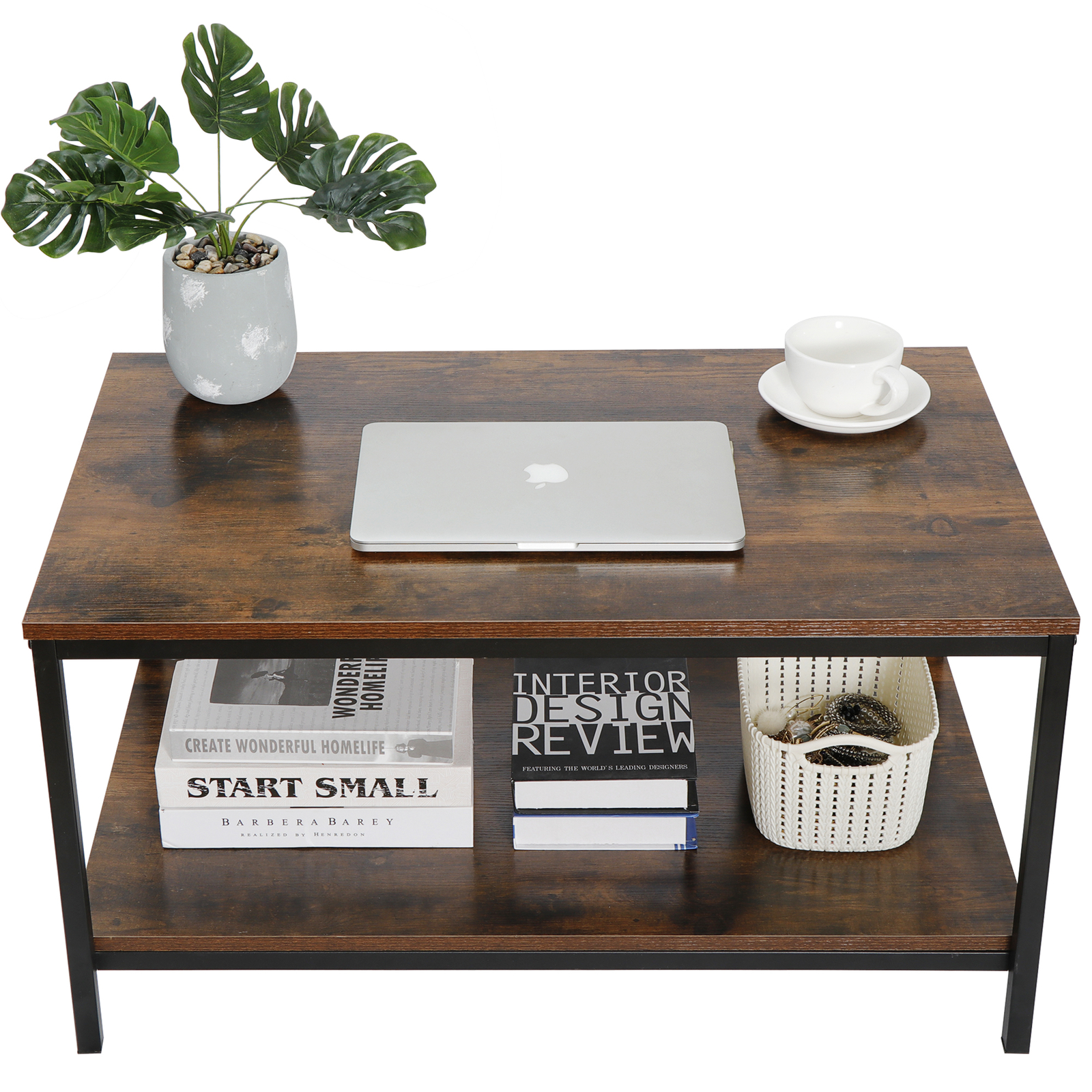 2-Tier Small Coffee Table Rectangle Wood Side End Table w/ Storage Rustic Brown