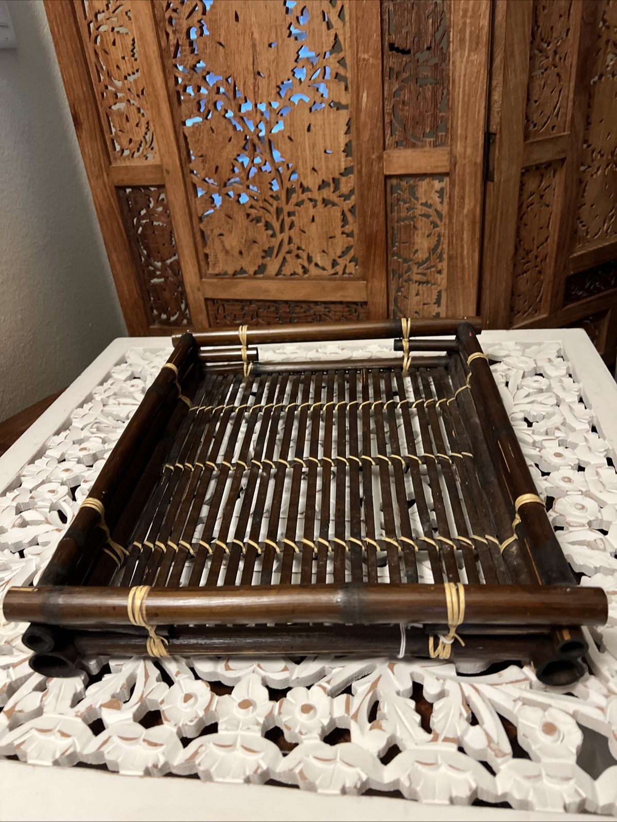 Primitive Dark Bamboo Tray Boho Rustic Accent Home Decor 13×16