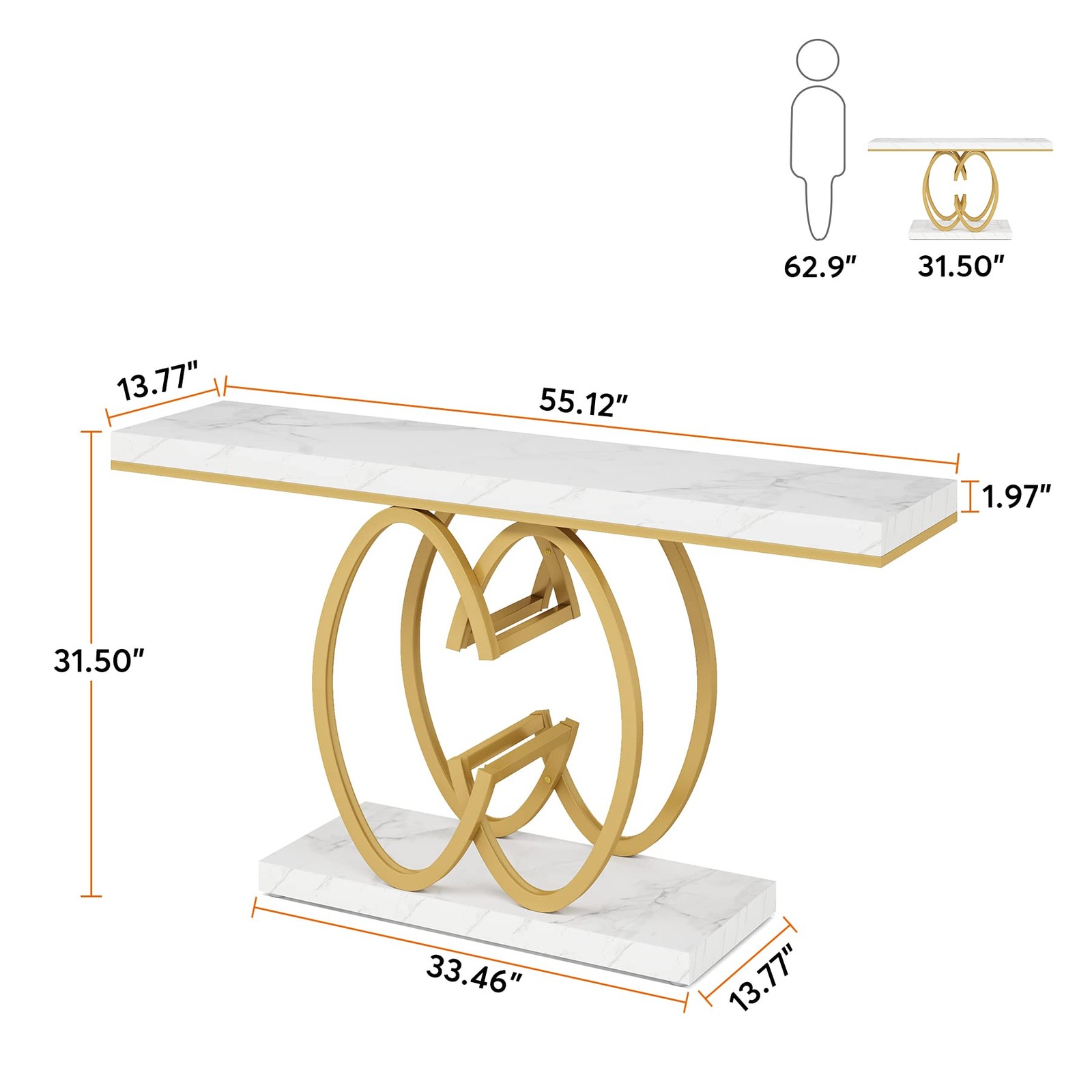 55″ Console Table for Hallway, Faux Marble Gold Entryway Table w/Geometric Metal