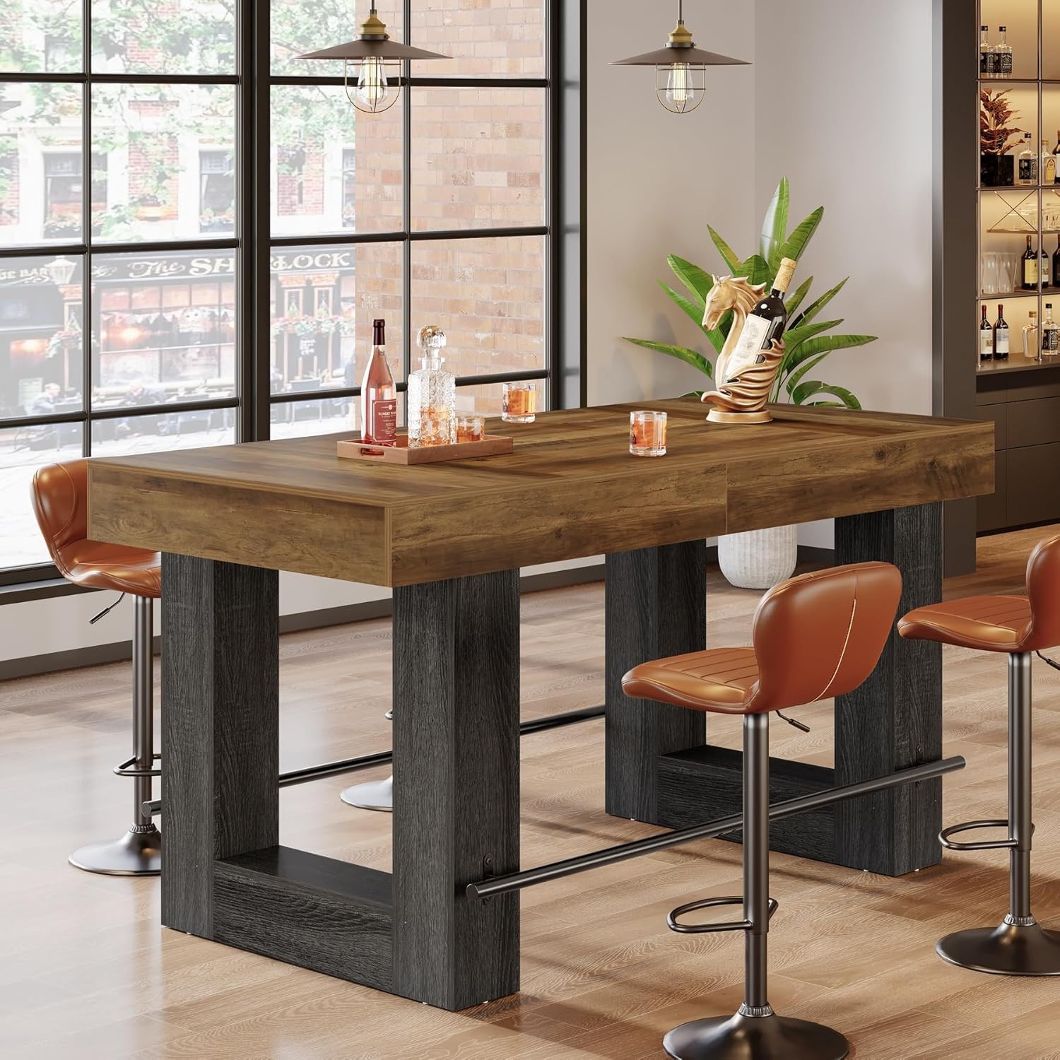 63-Inch Counter Height Bar Table, Industrial Rectangular Kitchen Island for Home