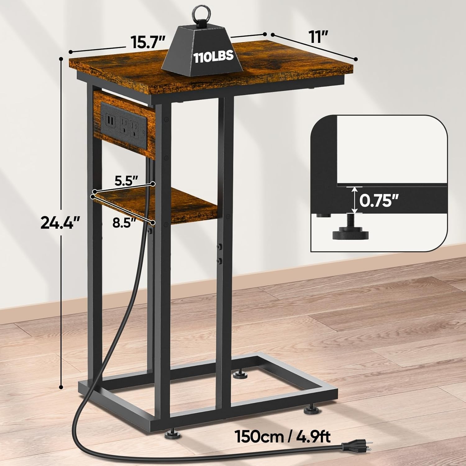 End Table with Charging Station and 2 USB Ports, C Table Storage Shelves, Couch