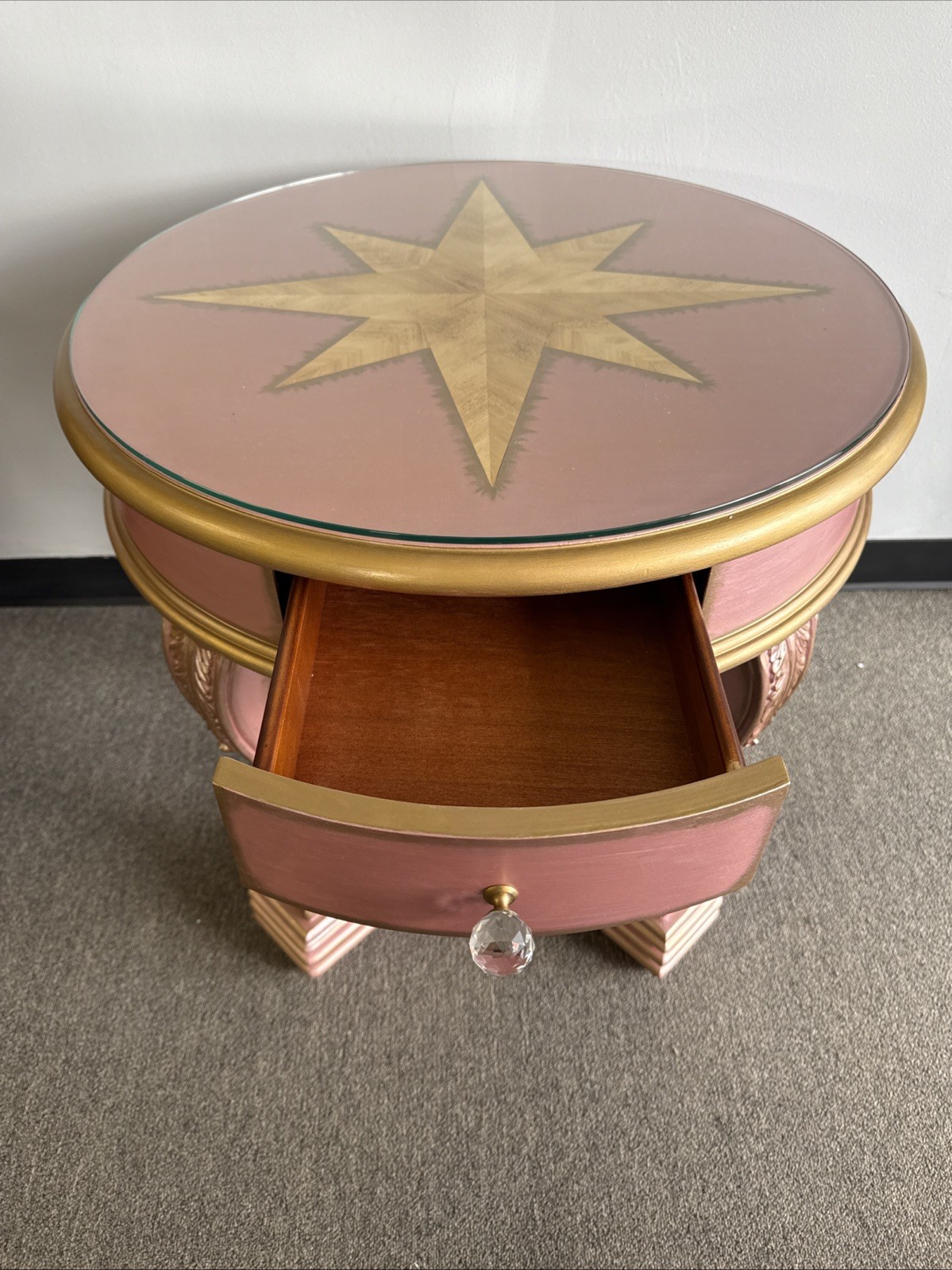 Canterbury Round End Table Custom Painted Rozay Gold Glass Top Accent Table