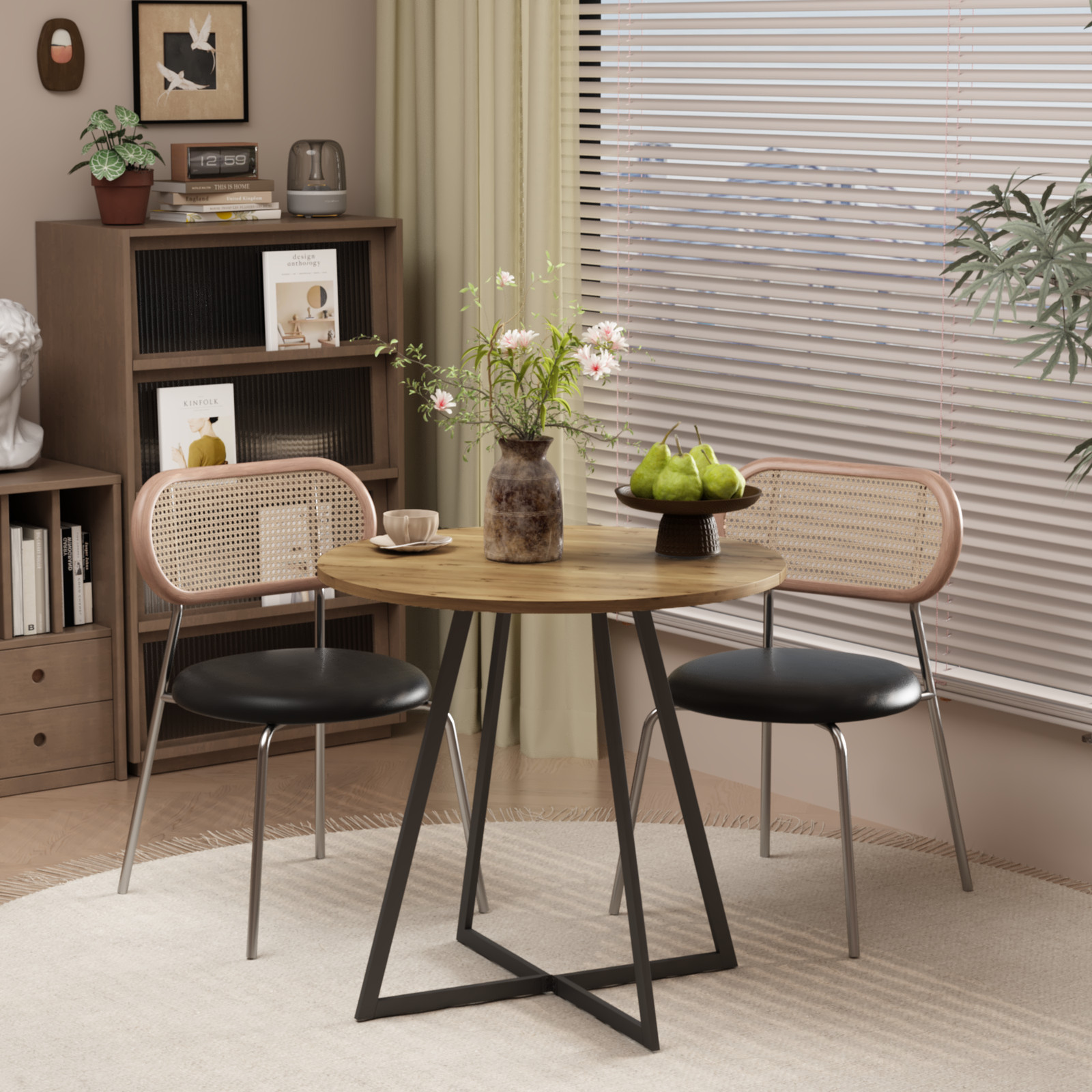31.5 Inch Round Dining Table Brown MDF Top Black Metal Legs