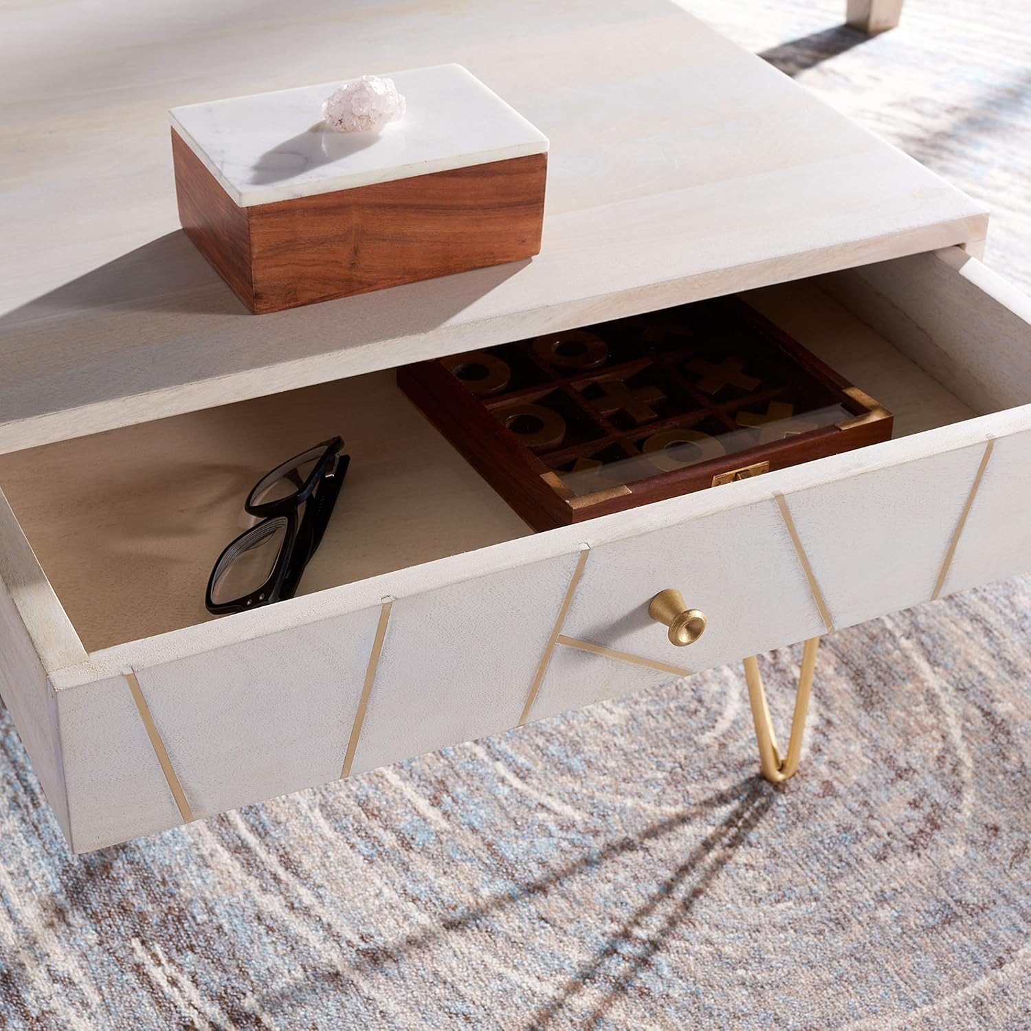 Mid-Century White Wash Coffee Table with Brass Hairpin Legs – Marigold Collectio