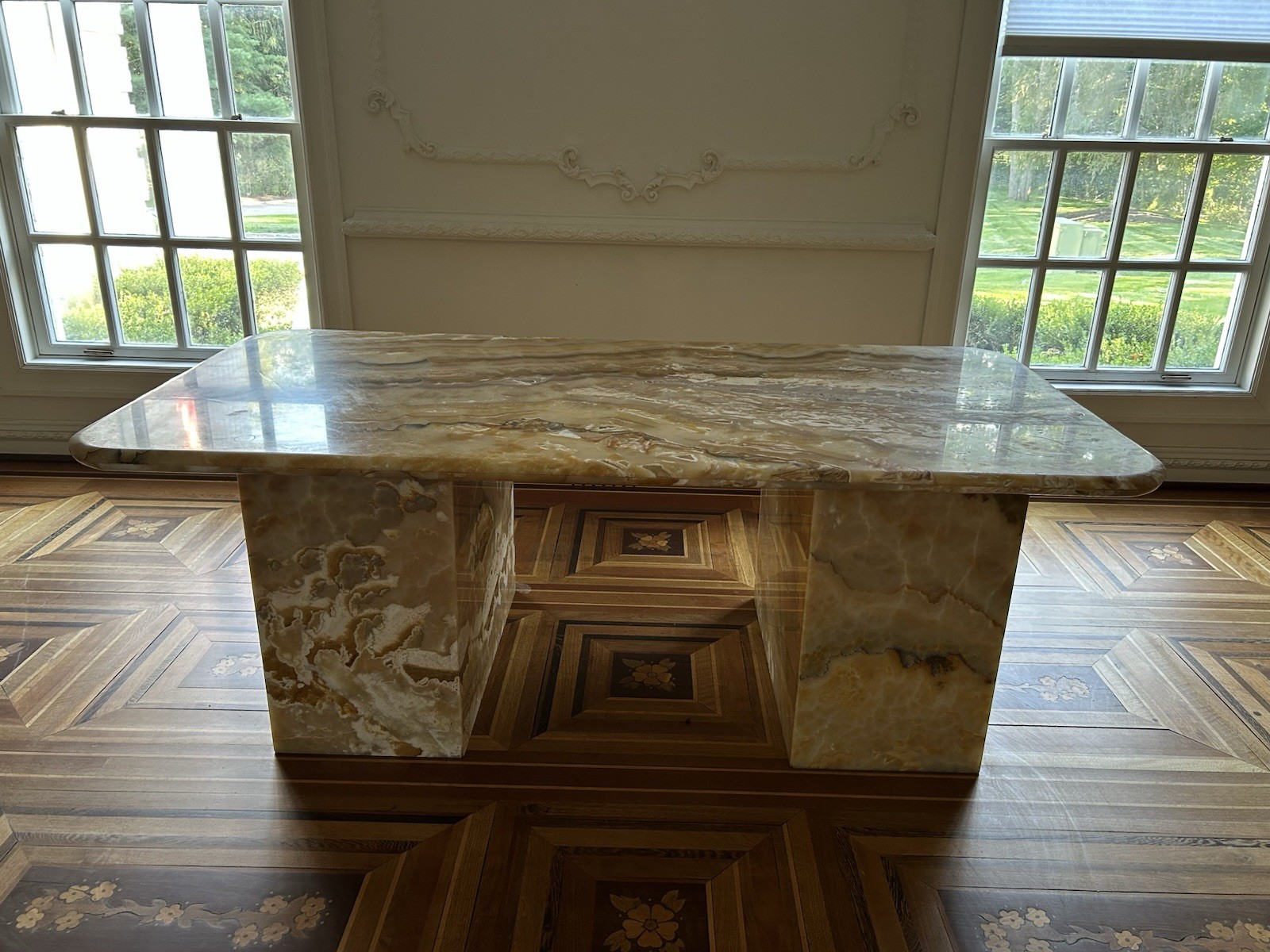 Rectangular Stone Coffee Table 80x40x29 Glossy Brown/Beige Dual Pedestal