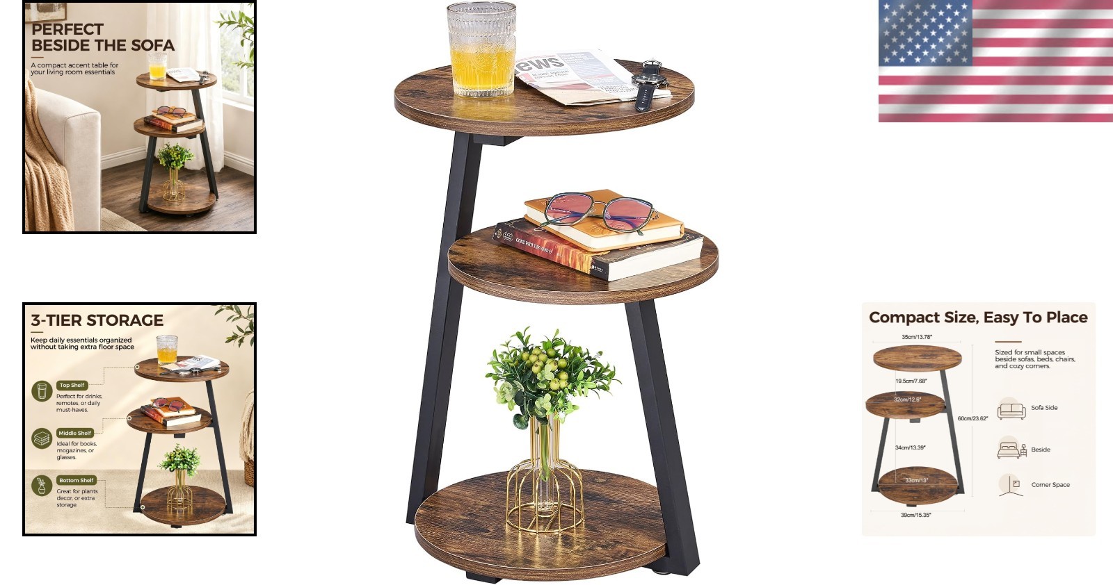 Multi-Functional Rustic Accent Table with 3-Tier Shelves – Perfect for Any Room