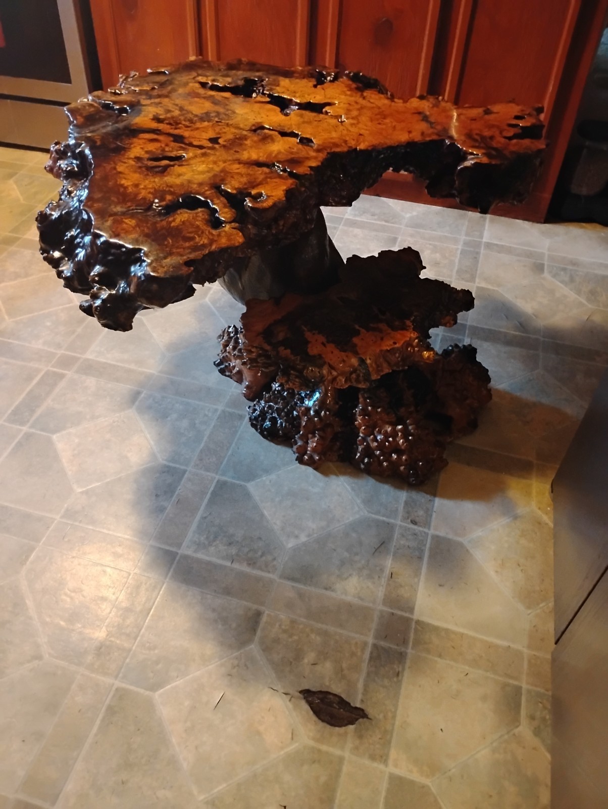 Vintage Handmade Redwood Burl Coffee Table with Redwood Stump Basee
