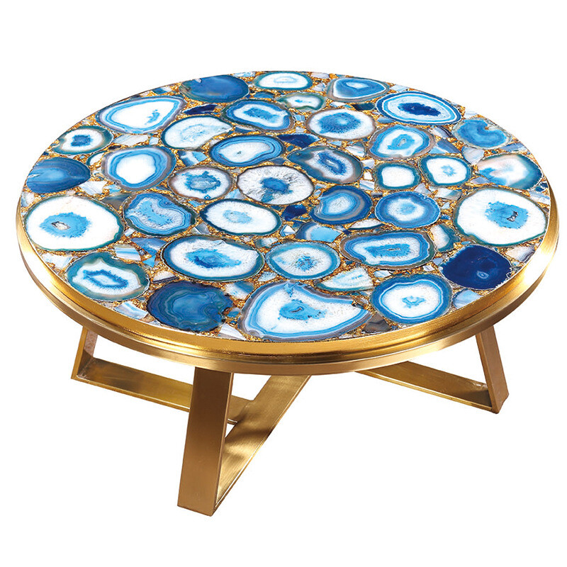 Round Blue Agate Top Conter Dining & Coffee Table, Natural Agate Bar Top Table,