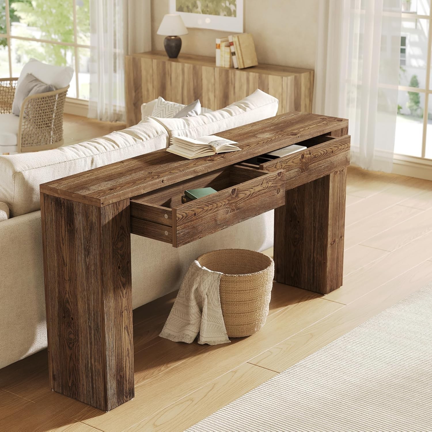 63-Inch Farmhouse Entryway Solid Wood Console Table with 2 Drawers for Hallway