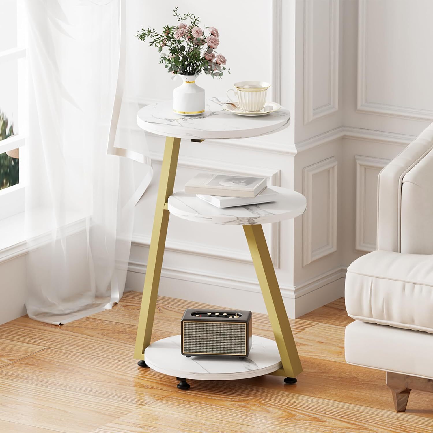 Living Room Bedroom Nightstand Gold White Tall Stand