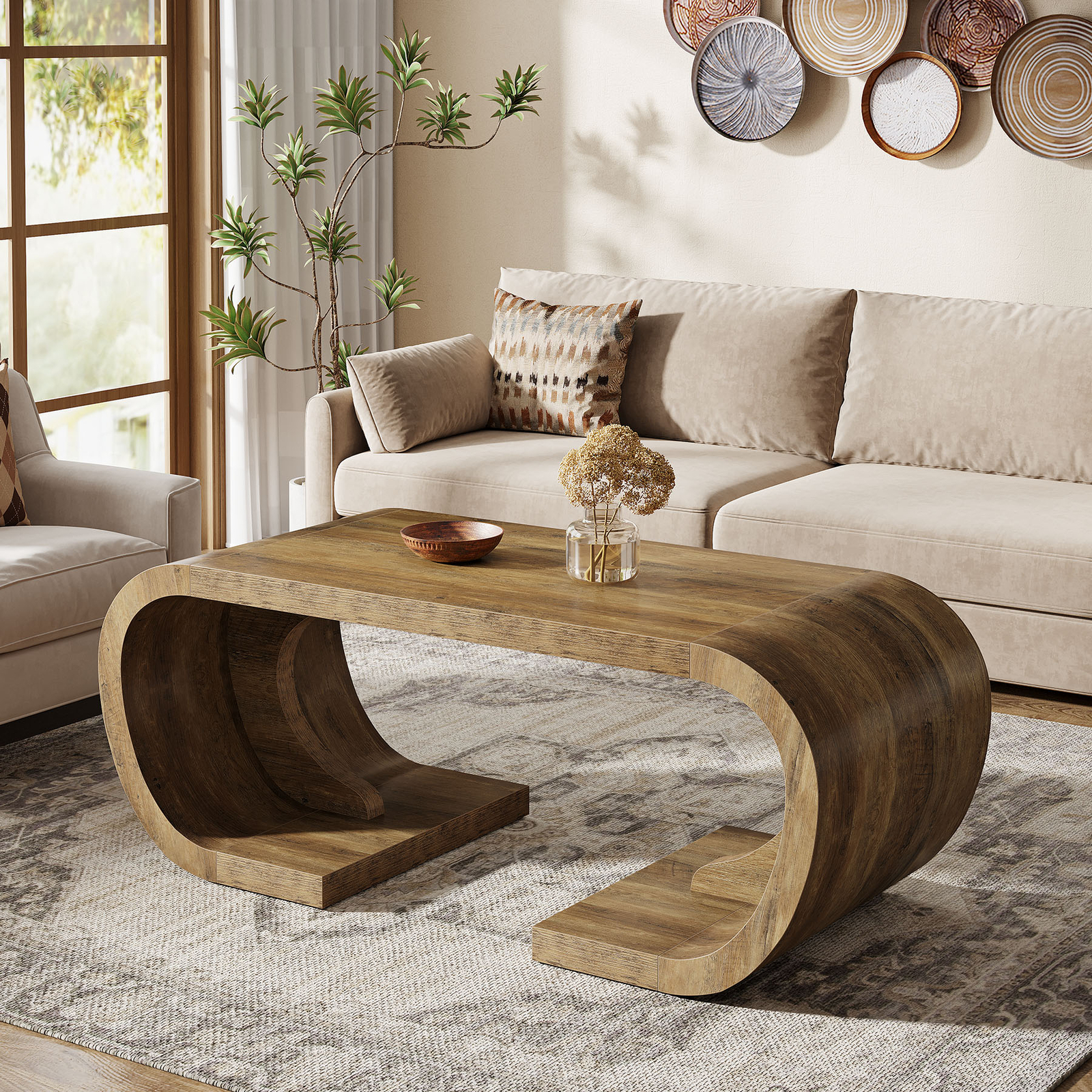 Tribesigns Farmhouse Coffee Table 47″ Heavy Duty C-Shaped Center Table for Home