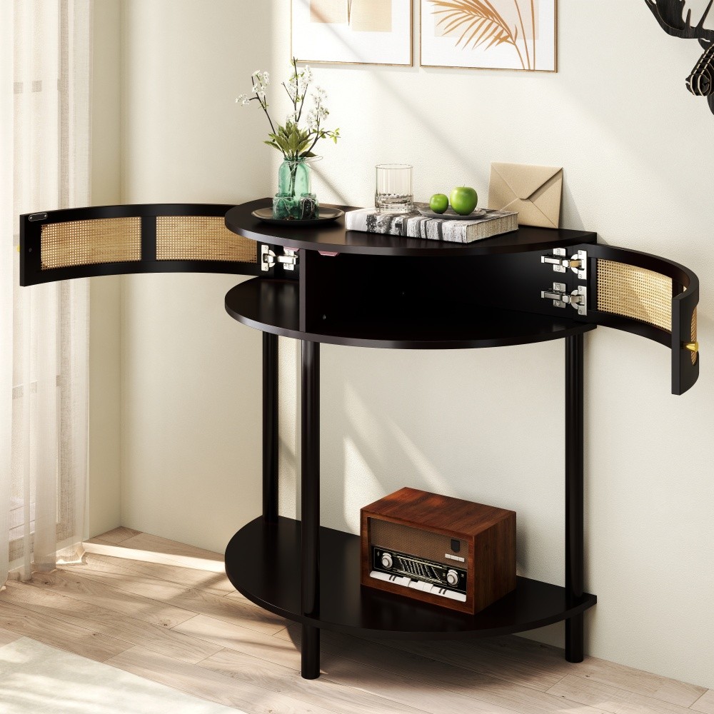 Unique Half Moon Design End Table with Sliding Rattan Door,Elegant Semi-circle
