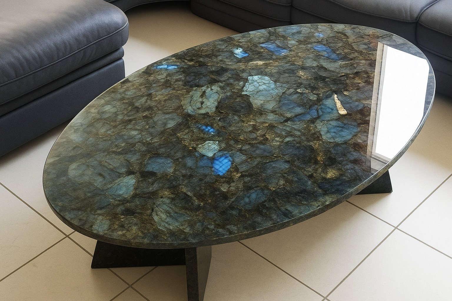 48″X24″ Oval Labradorite Dining & coffee Table – Bold Luxury for Dark Interiors