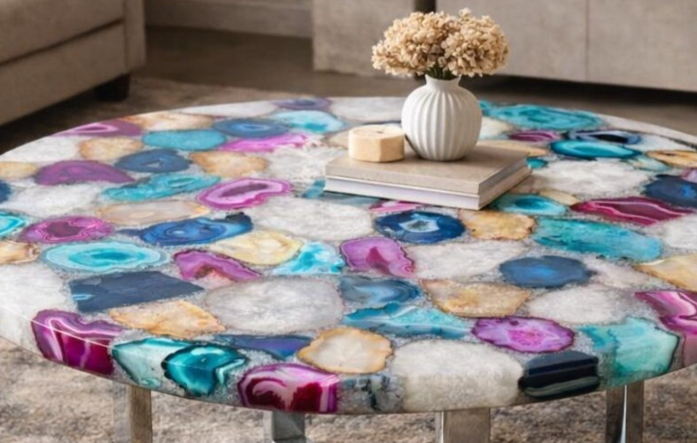 12″ Luxury Multi-Color Agate Round Coffee Table Natural Crystal Stone Home Decor