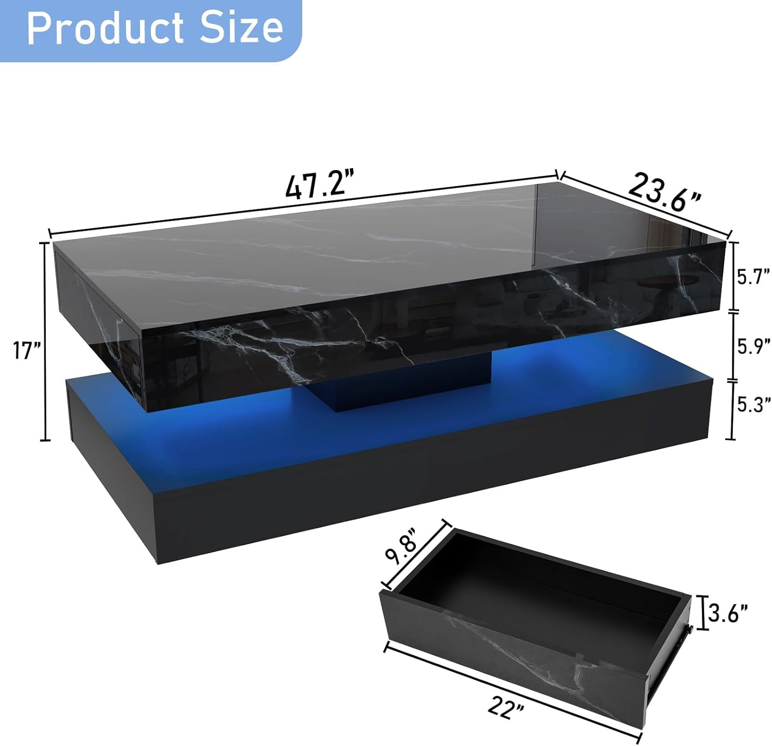 47.2″ Large High-Glossy LED Coffee Table with 2 Sliding Drawers, Living Room Sto
