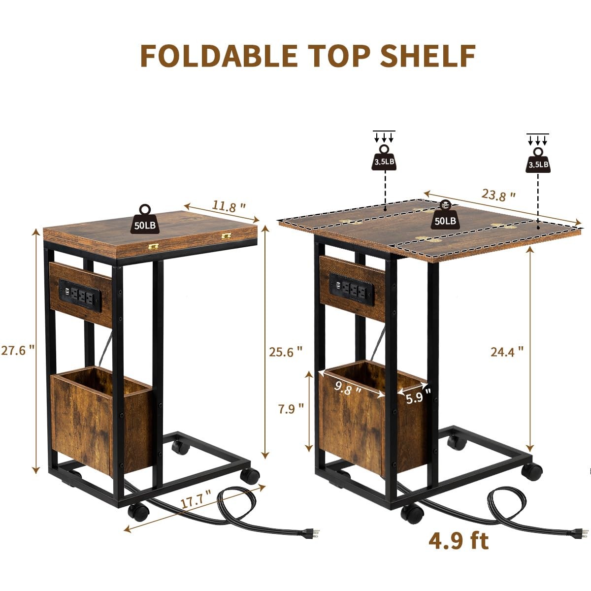 C Shaped End Table with Charging Station & Foldable Tabletop, Folding TV Tray…