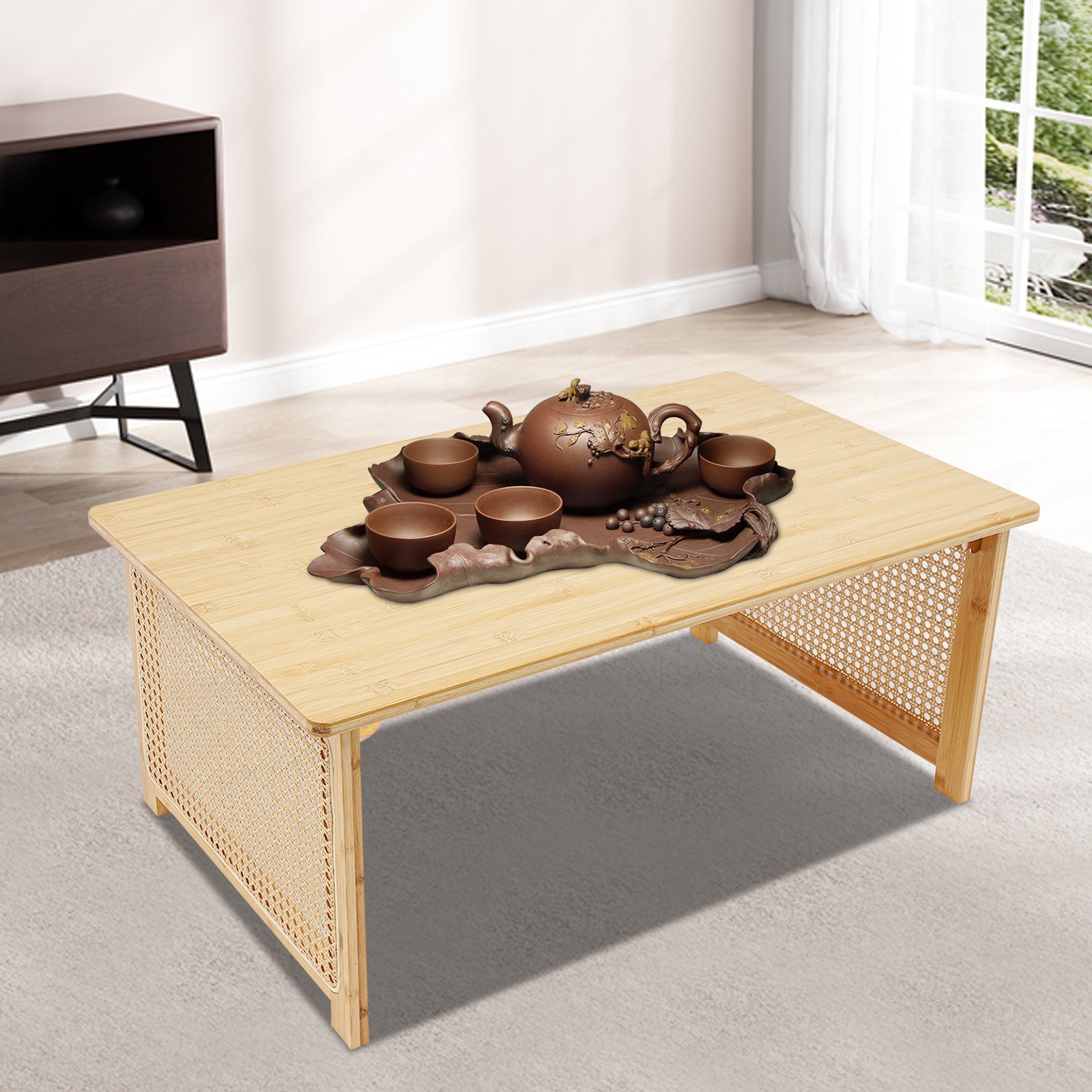 Free Standing Imitation Rattan Coffee Table Rectangular Foldable Bamboo Table