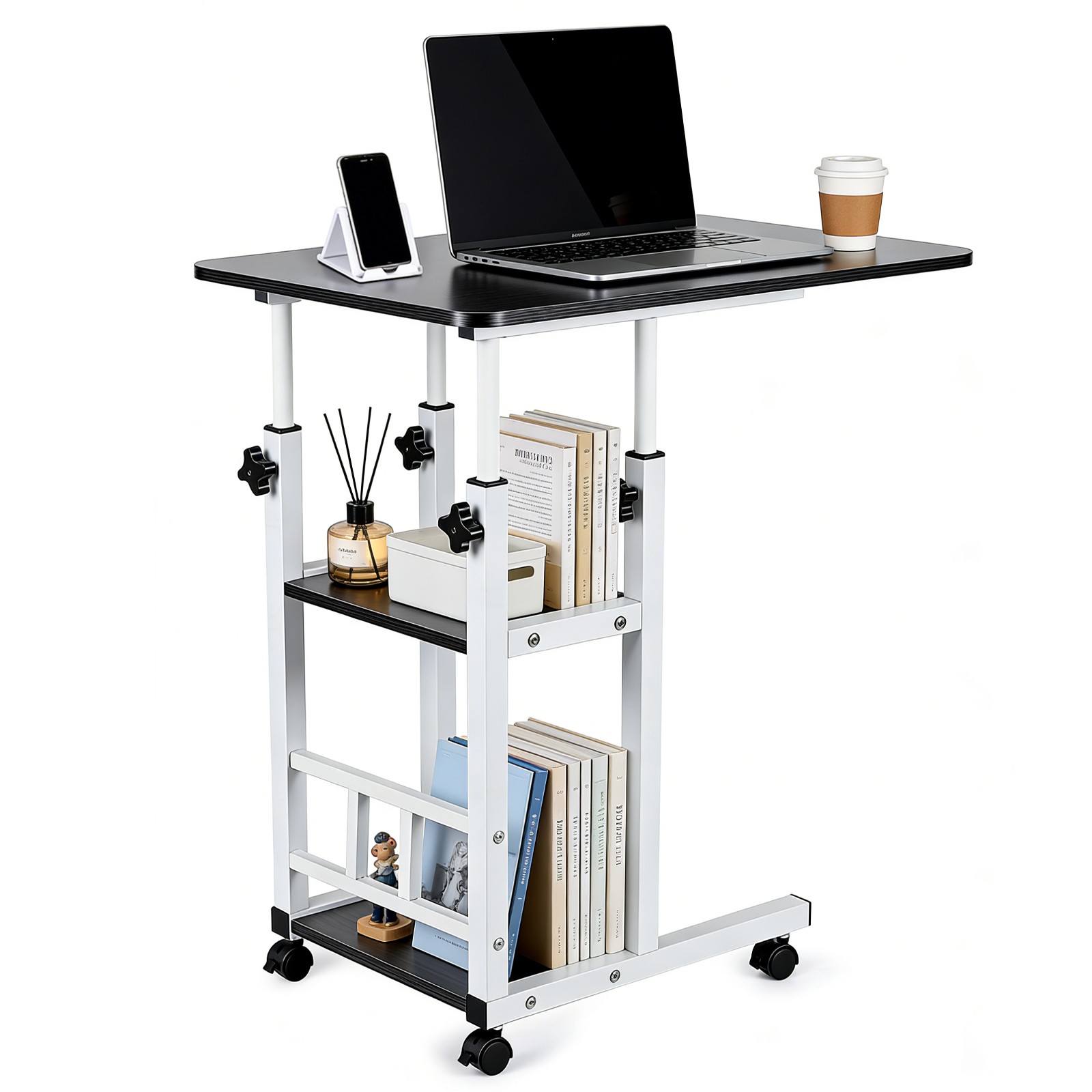 Height Adjustable C Table on Wheels with Storage Shelves Sofa End Table