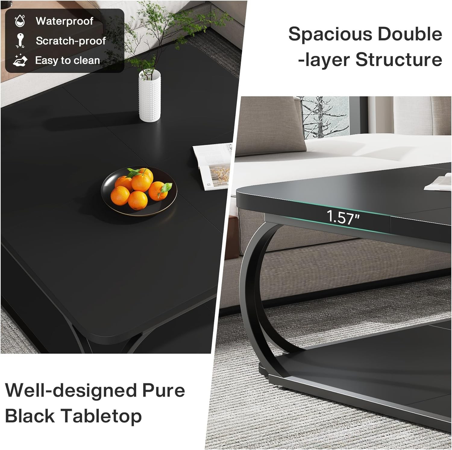 39″ Square Coffee Table with Open Storage Shelf, 2 Tier Large Wood Center Table
