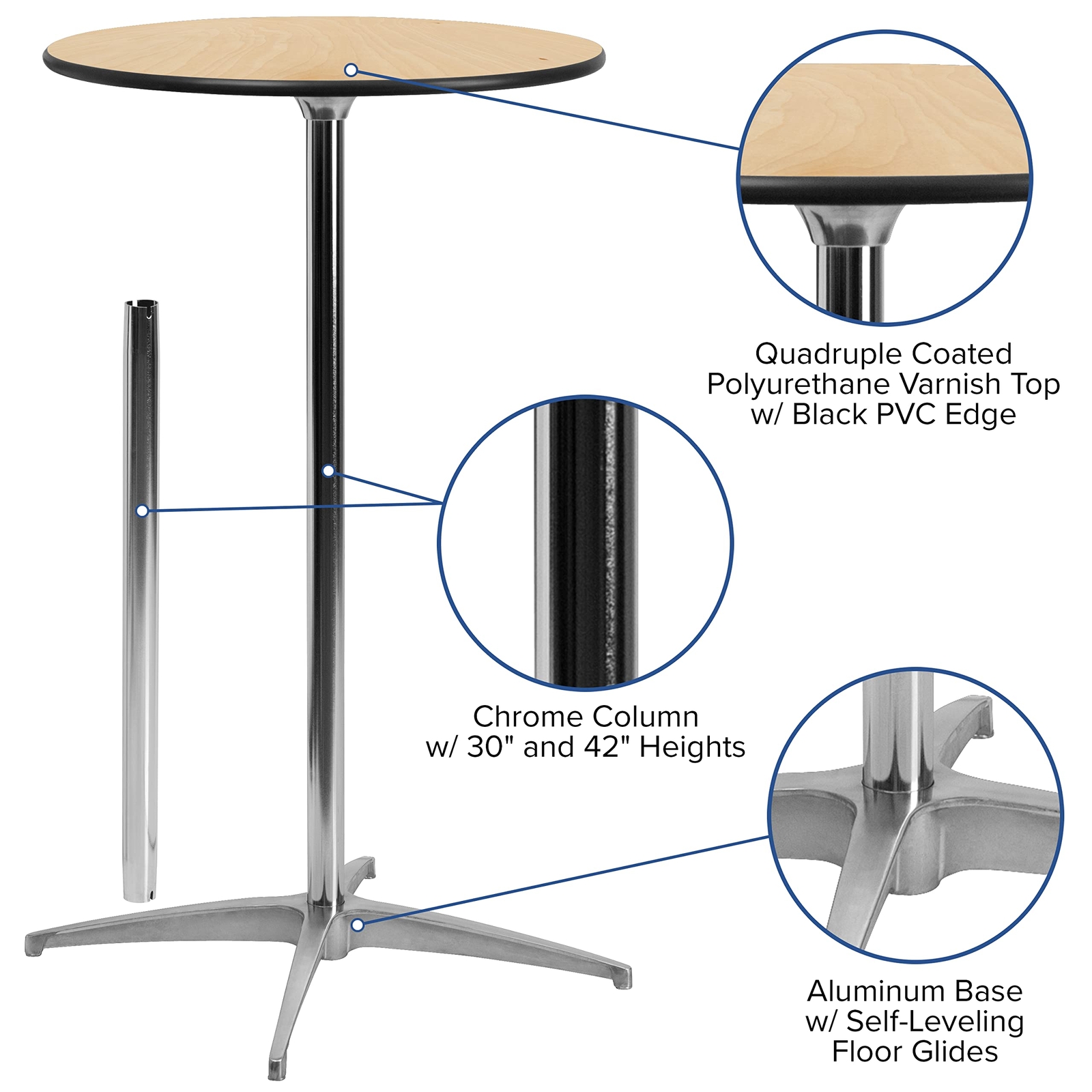 36 Inch Round Adjustable Height Cocktail Table Birchwood with PVC Edge