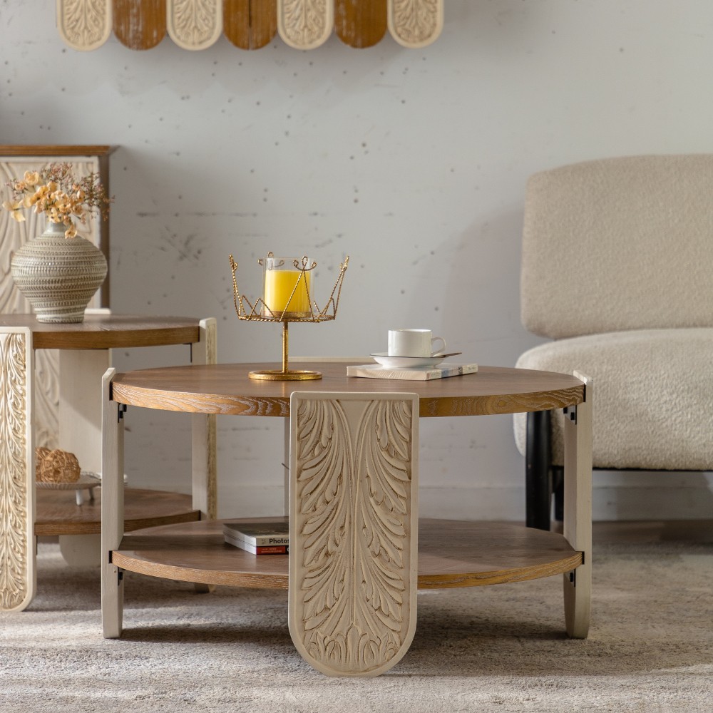 Carved Wooden Coffee Table, Retro End Table with Double-Layer Storage