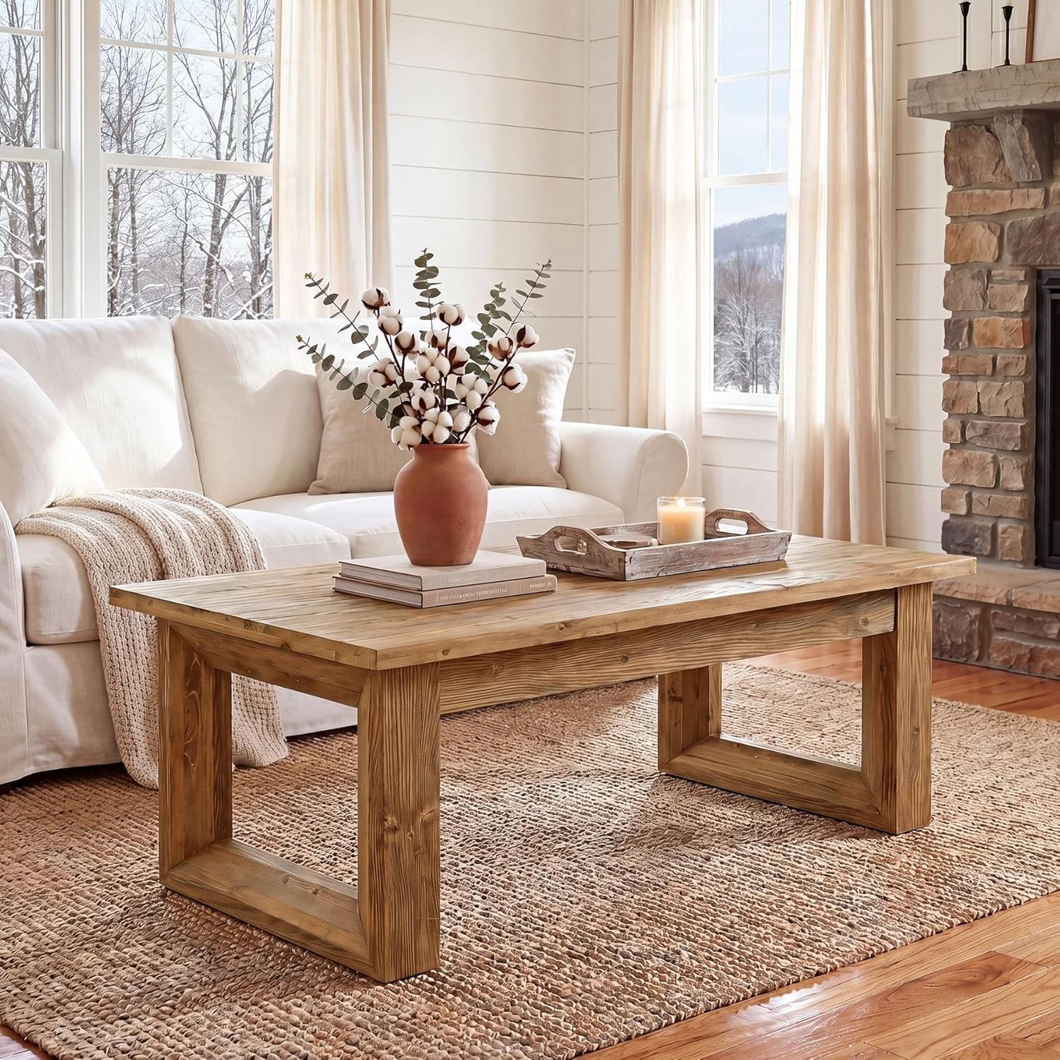 47.2″ Rectangular Coffee Table Modern Solid Wood Center Table for Living Room