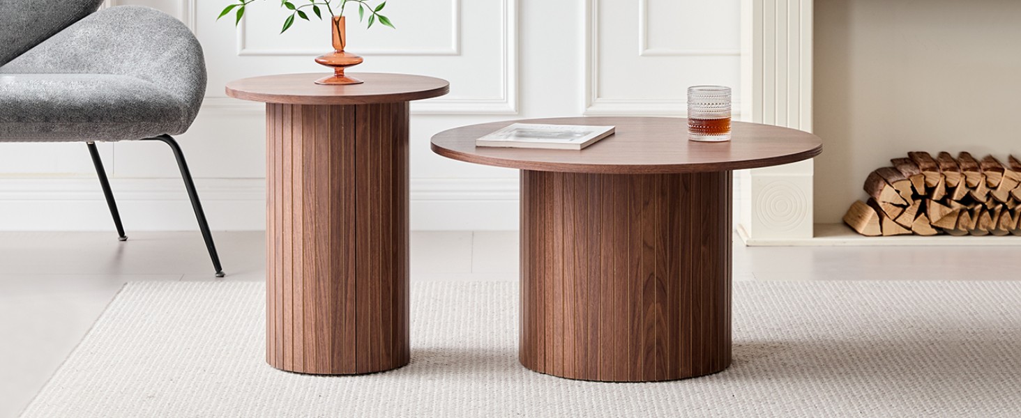 Round Nesting Coffee Tables for Living Room, Set of 2, Natural | φ27.6 + φ15.8
