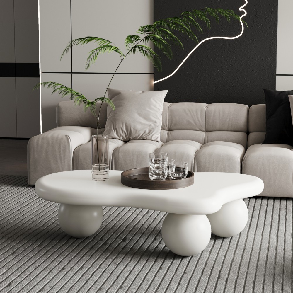 40 Inch Cloud Shaped Coffee Table with 3 Ball Legs for Living Room, Cream White