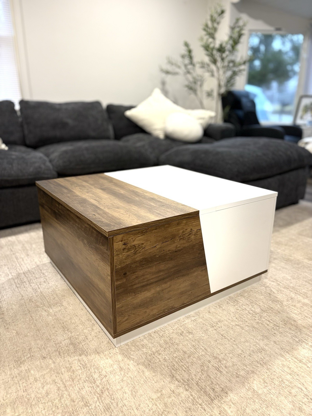 Modern Square Coffee Table with Storage – Scandinavian Style, Wood & White