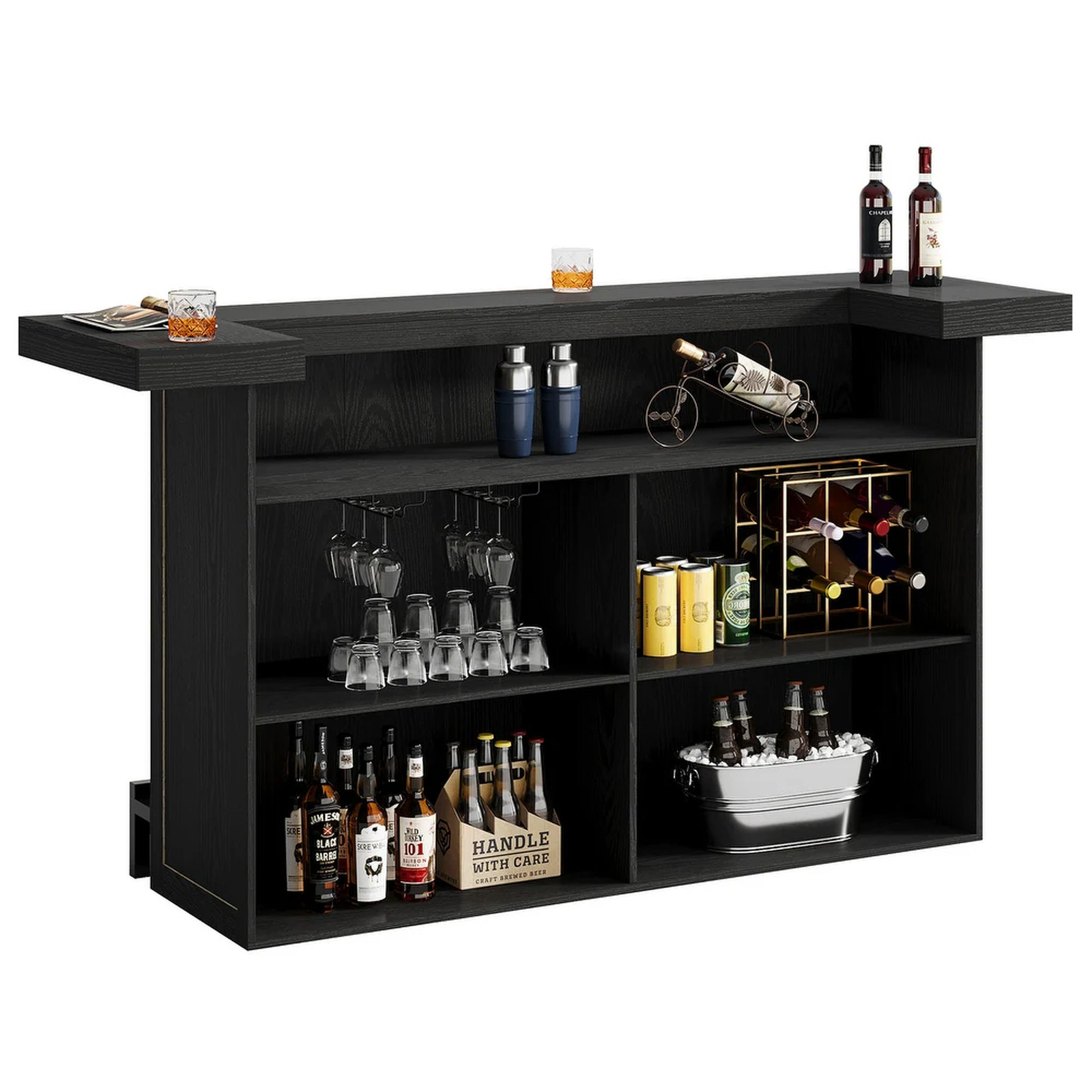 Modern Home Bar Cabinet 70.9″ Table Counter Height Liquor Storage Black Station