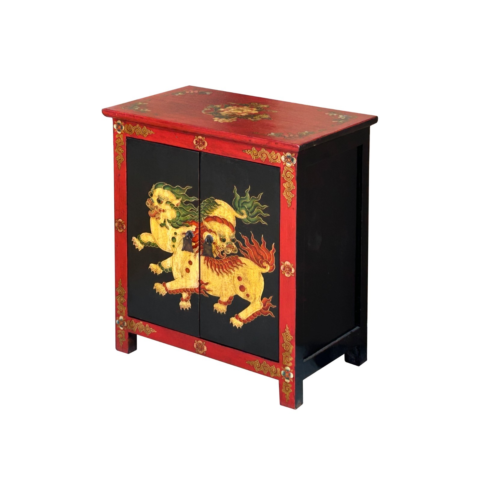 Tibetan Oriental Black Red Foo Dogs Lions End Table Nightstand GB164