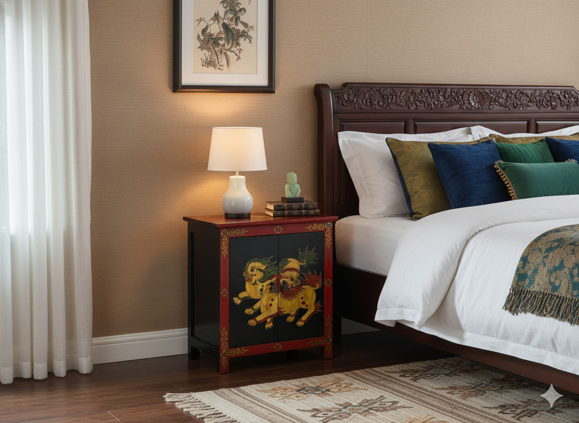 Tibetan Oriental Black Red Foo Dogs Lions End Table Nightstand GB164