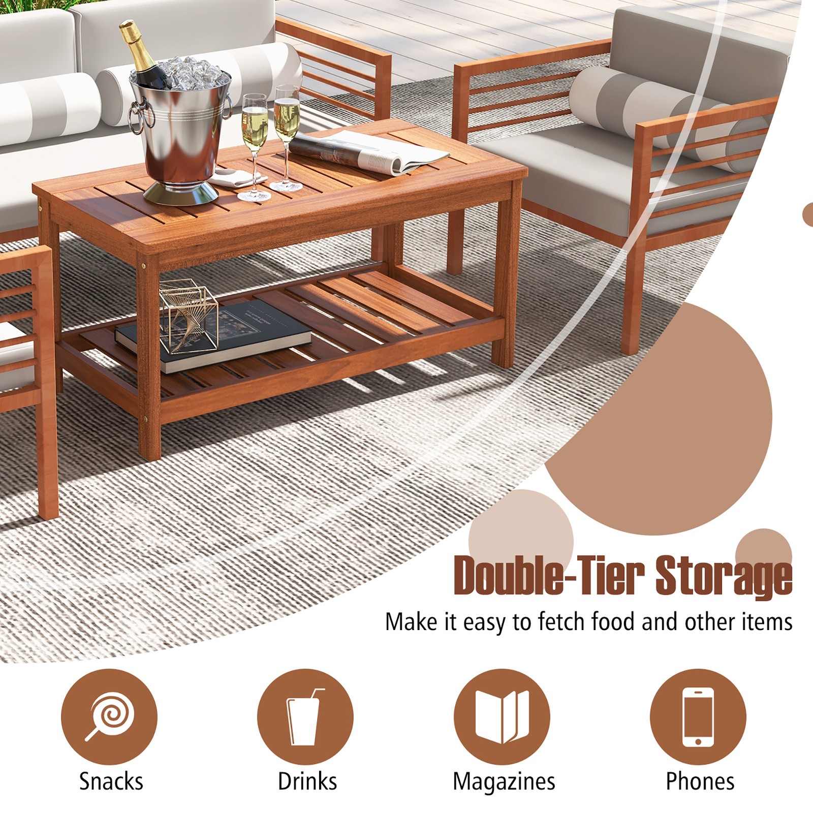 Hardwood Patio 2-Tier Coffee Table w/Slat Tabletop,Storage Shelf Natural