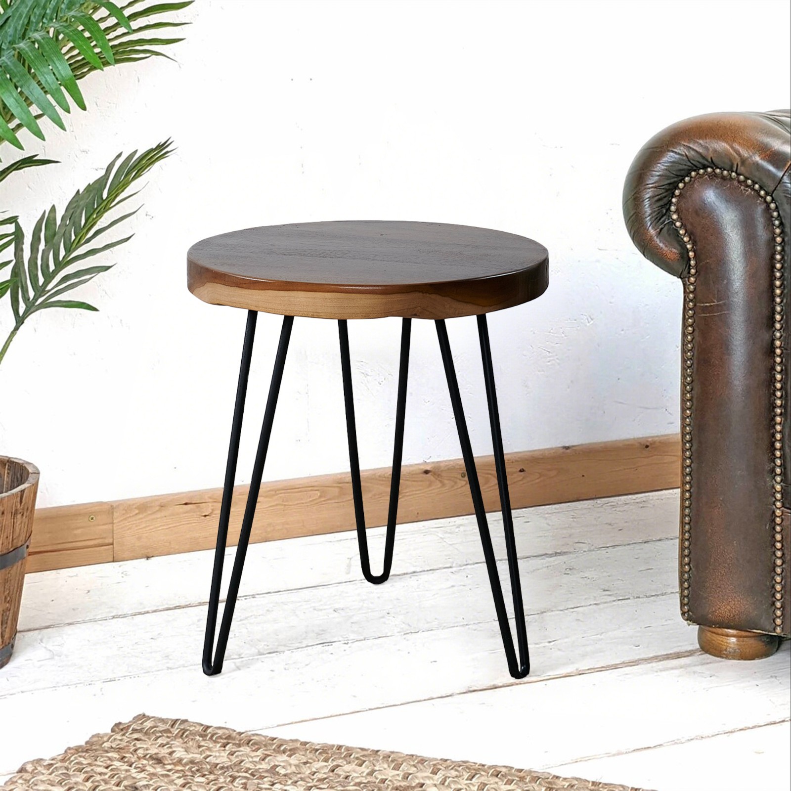 Natural Teak Wood Round End Side Table with Hairpin Legs 21″ H Home Decor