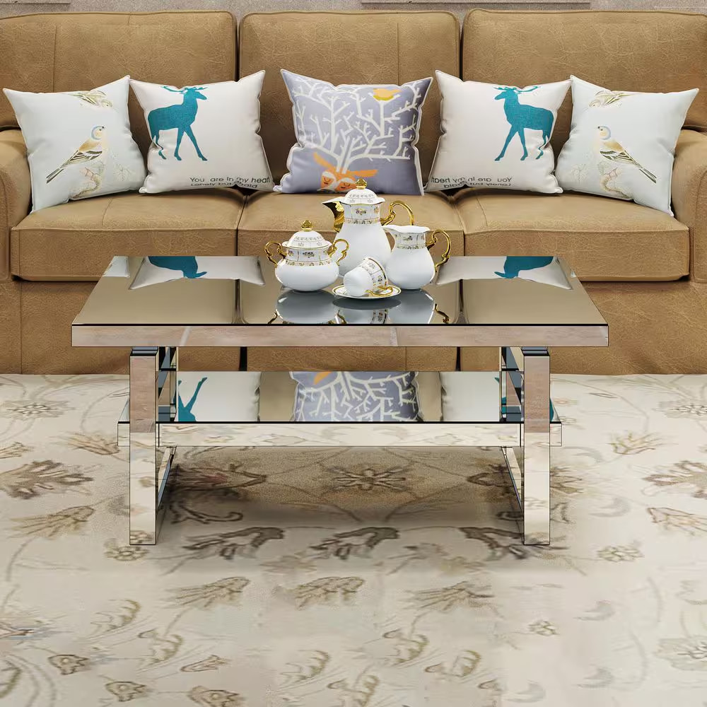 39 In. Silver Rectangle Mirror Glass Top Coffee Table with Shelf