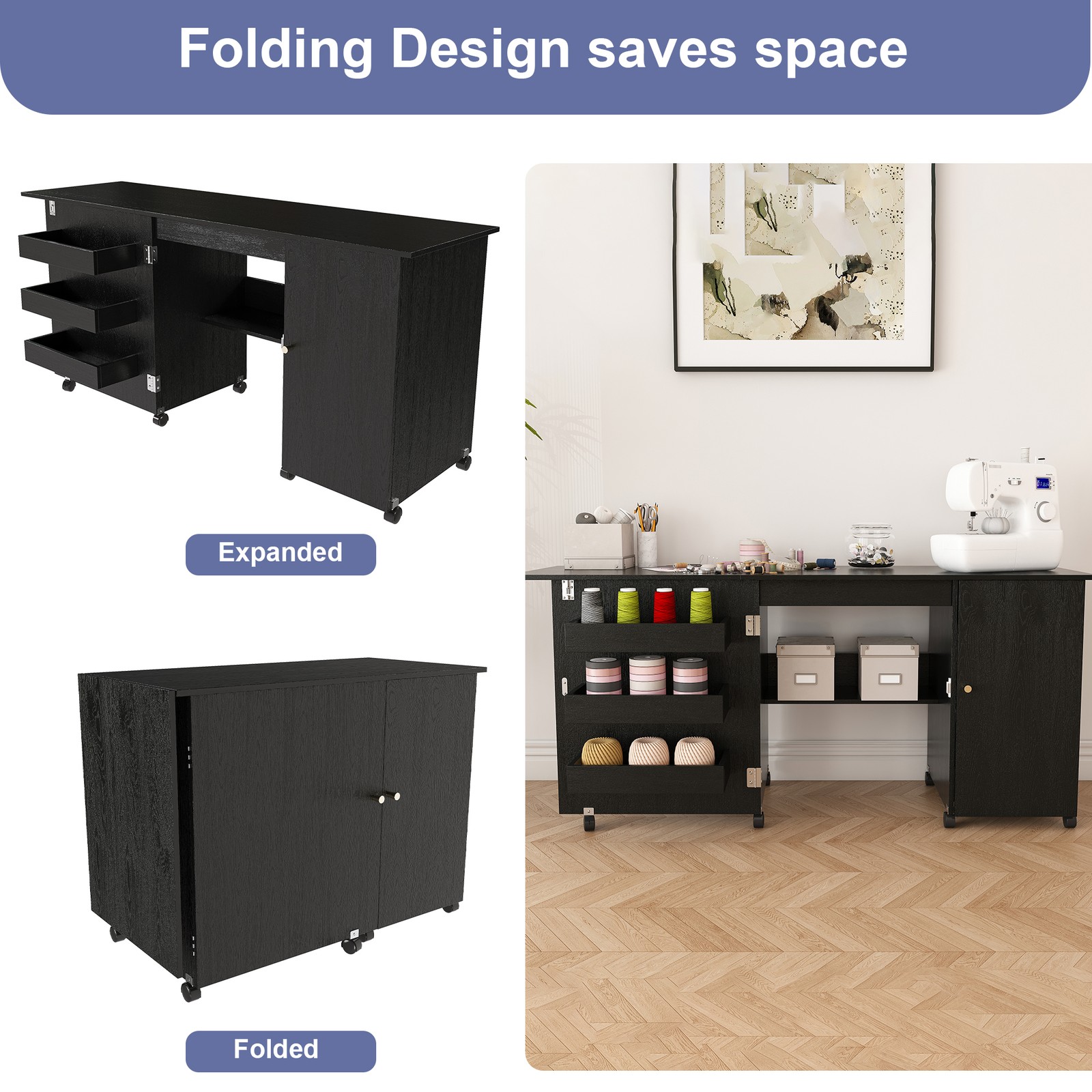 Foldable Sewing Machine Table with Locking Casters 57.5 Inch Black Craft Station