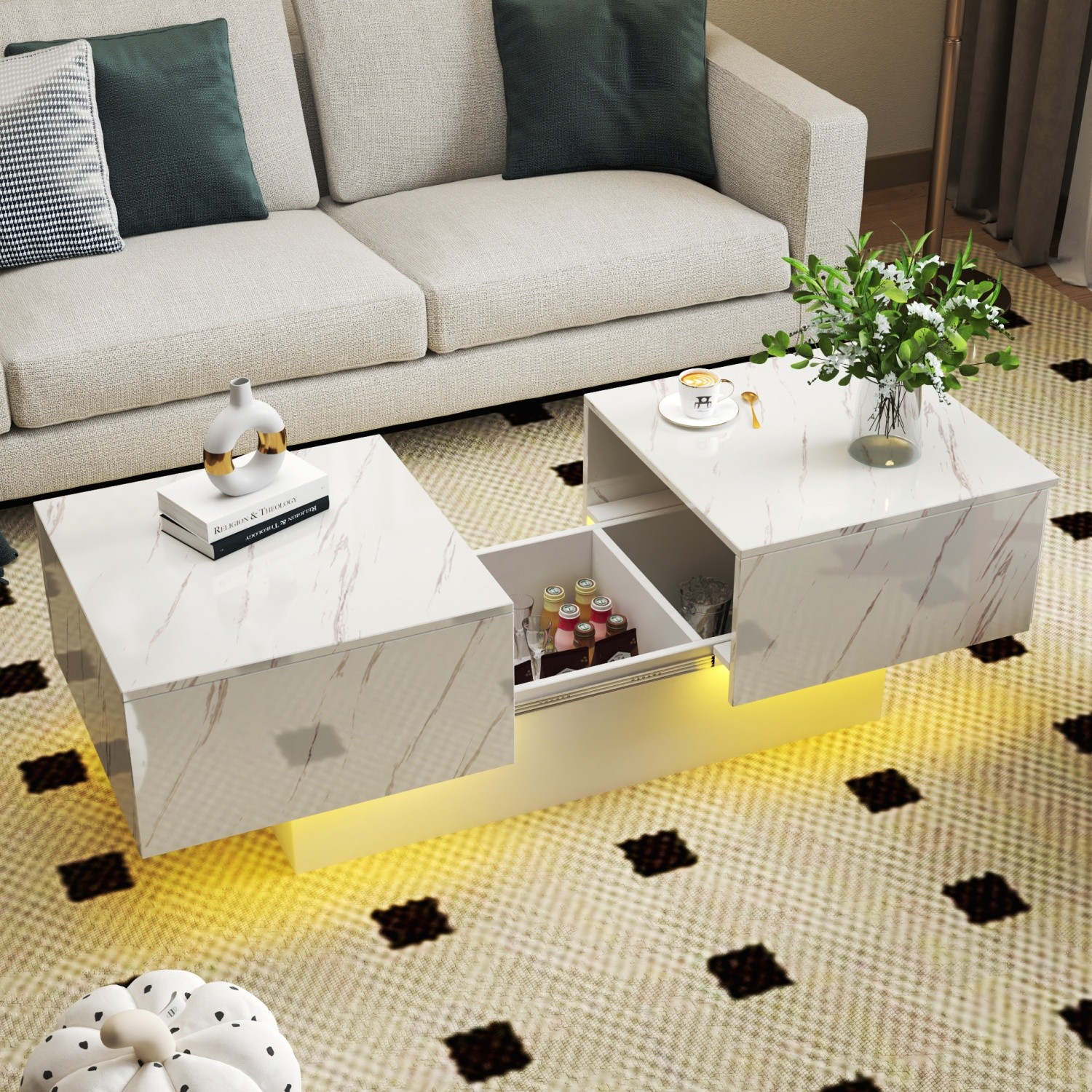 LED Coffee Table Center Cocktail Table w/ Sliding Tabletop & Hidden Storage