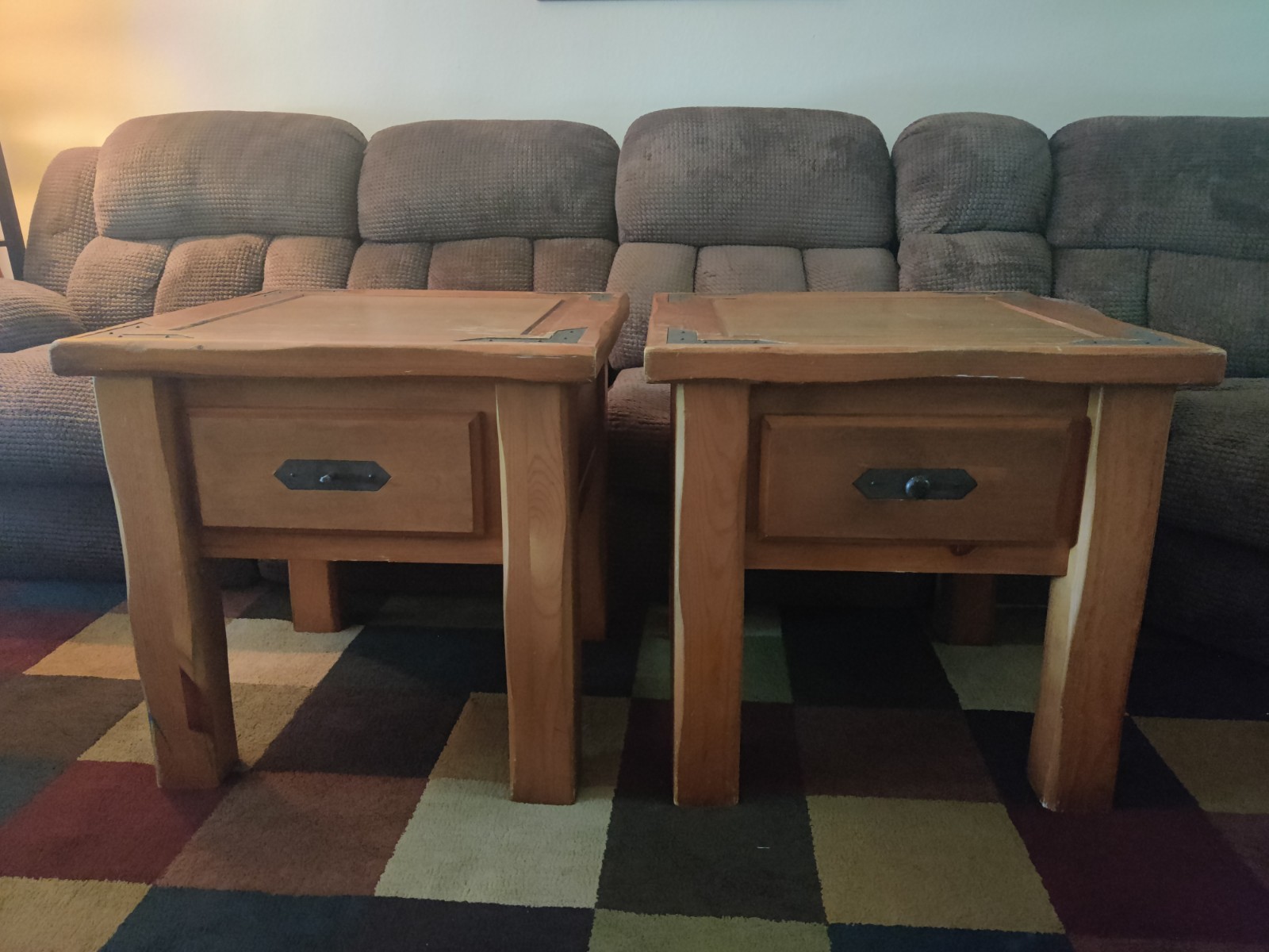 Pair Wood Square End/Side Tables, Brown Medium Wood Tone, 1 Drawer Each