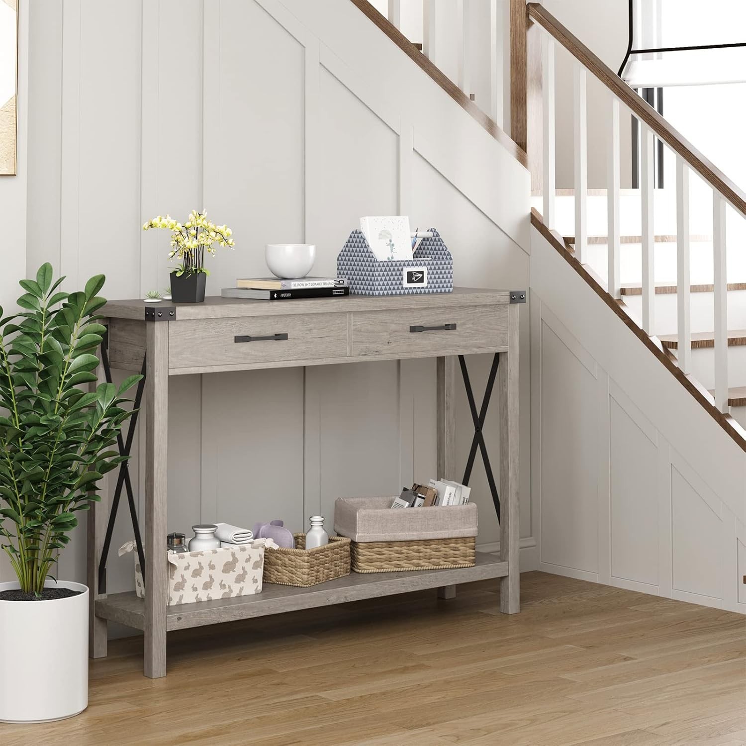 Console Table Open Shelf Accent Entryway Narrow Behind Sofa Table with 2 Drawer
