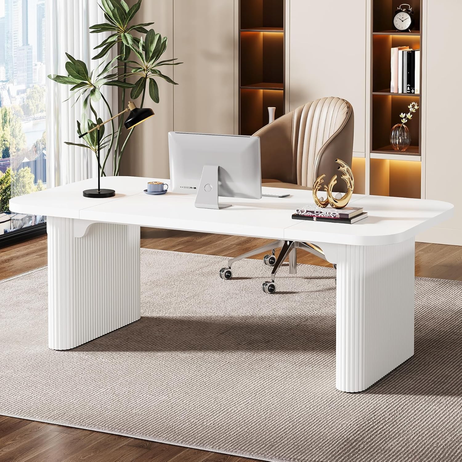 62-Inch Modern Executive Desk, Wood Office Desk, Large Aesthetic Computer Desk