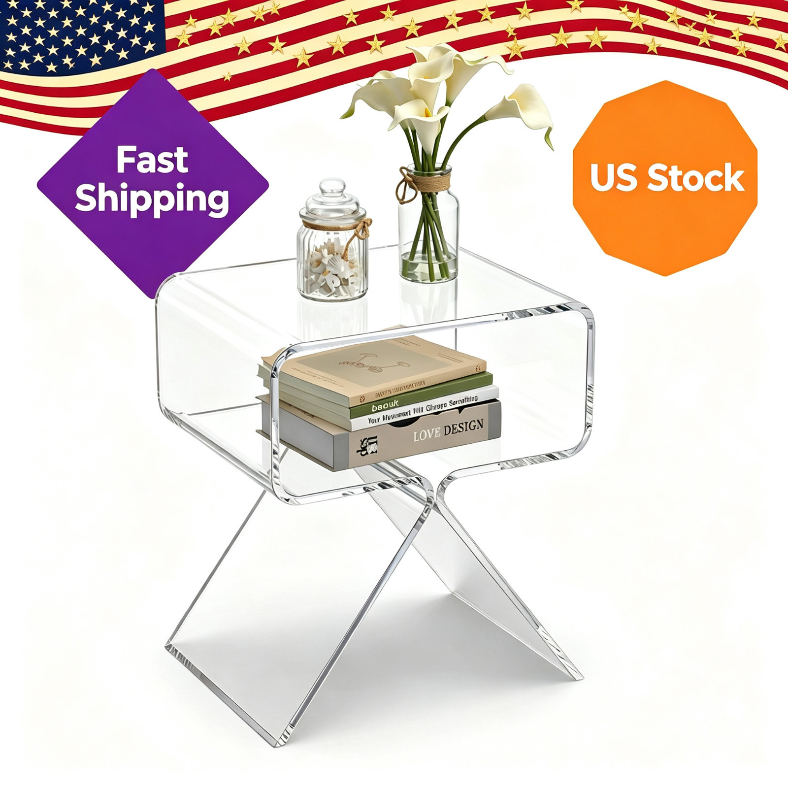 1PC Clear Acrylic Side Table One-Piece Molding Unique Nightstand Short Bed Side