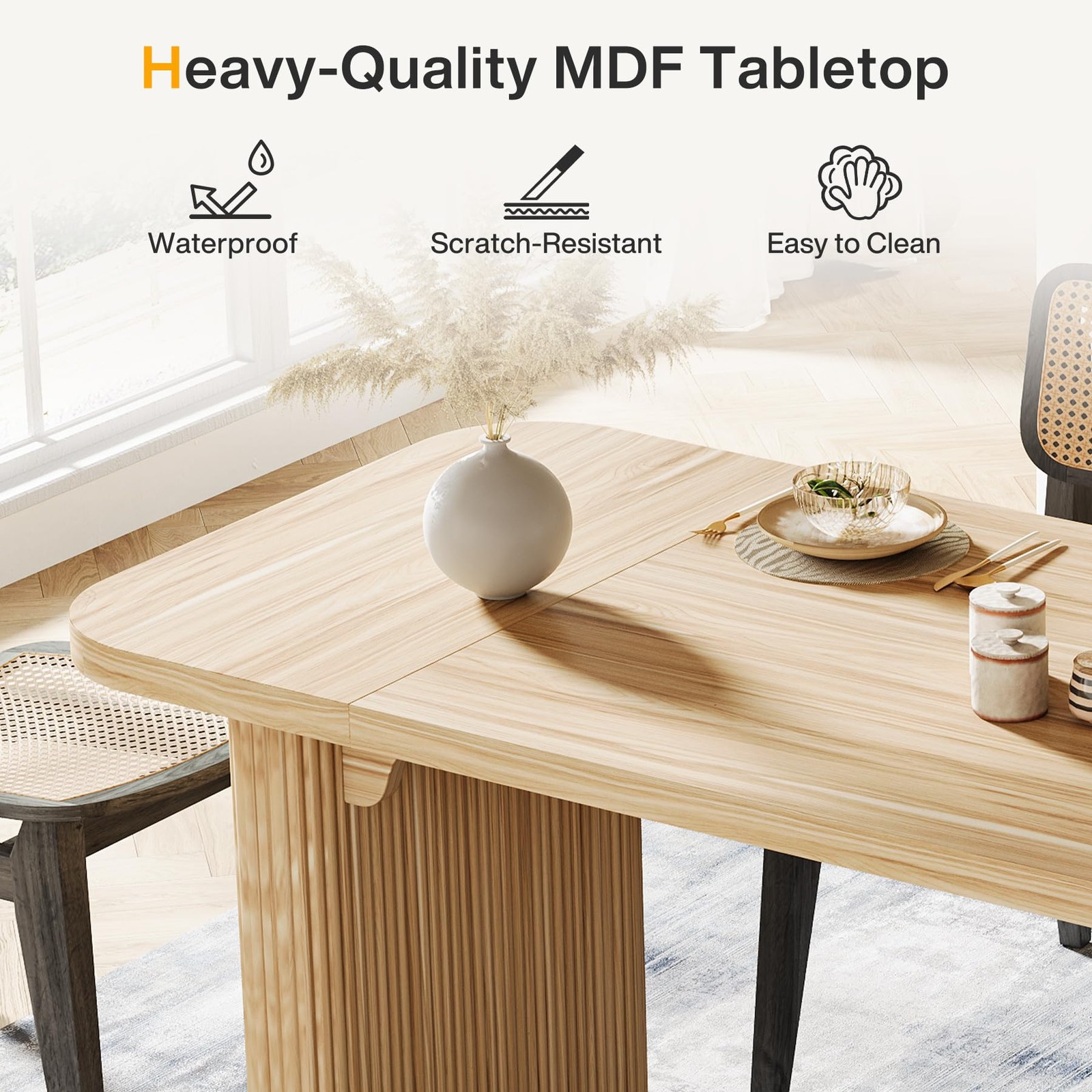 Modern Dining Table for 6 People, 62-Inch Natural Wood Kitchen Table with Dou…