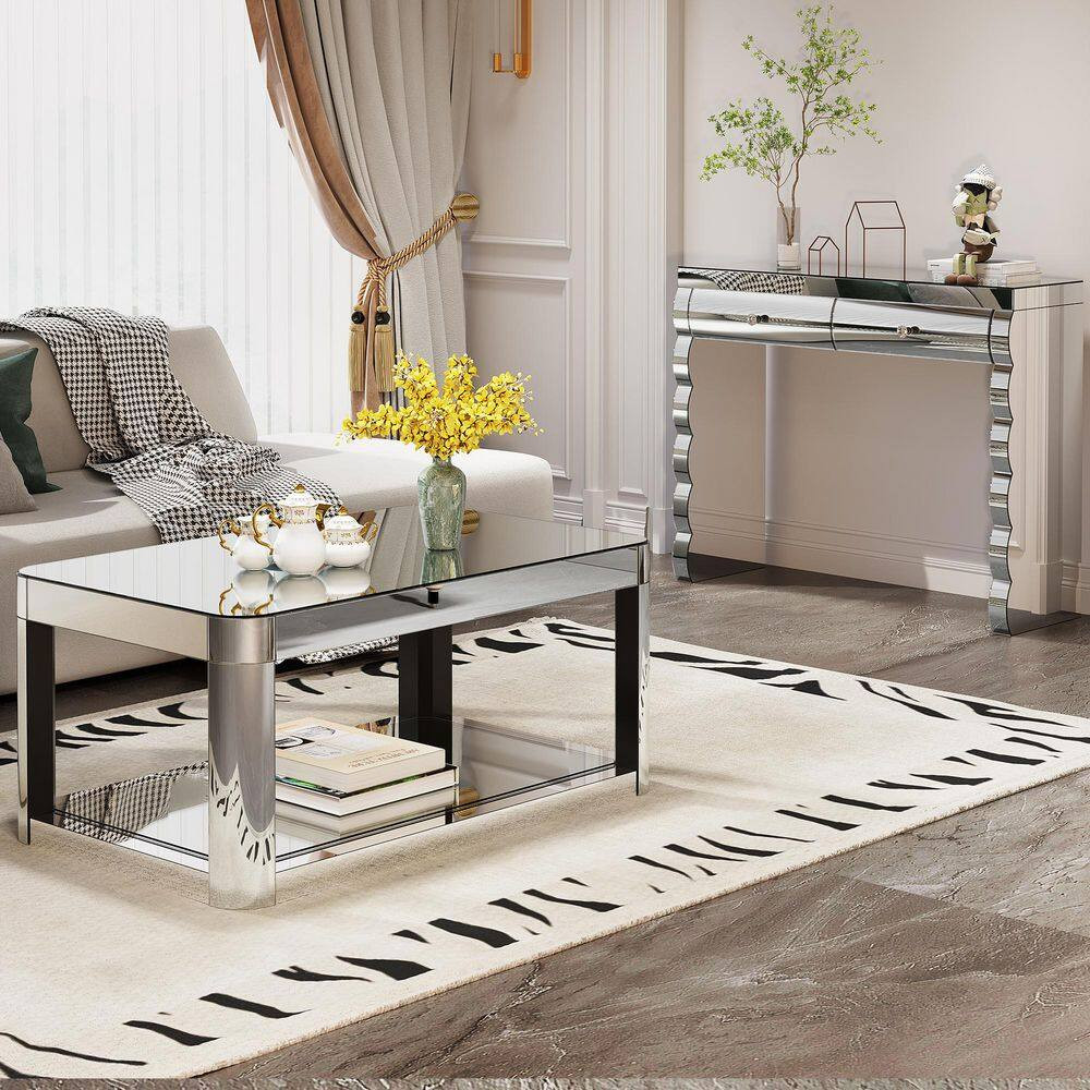 39 In. Silver Rectangle Mirror Glass Top Coffee Table with Shelf
